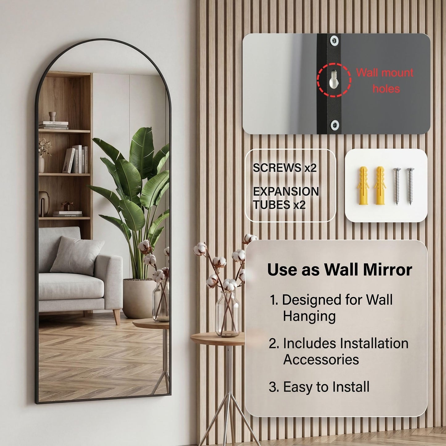 Furnbar 58"x20" Arched Full Length Door Mirror, Over-the-Door Hanging, Floor Standing, Wall Mounted or Leaning, Metal Frame Body Mirror for Bedroom, Living Room, Closet, Dorm, Black
