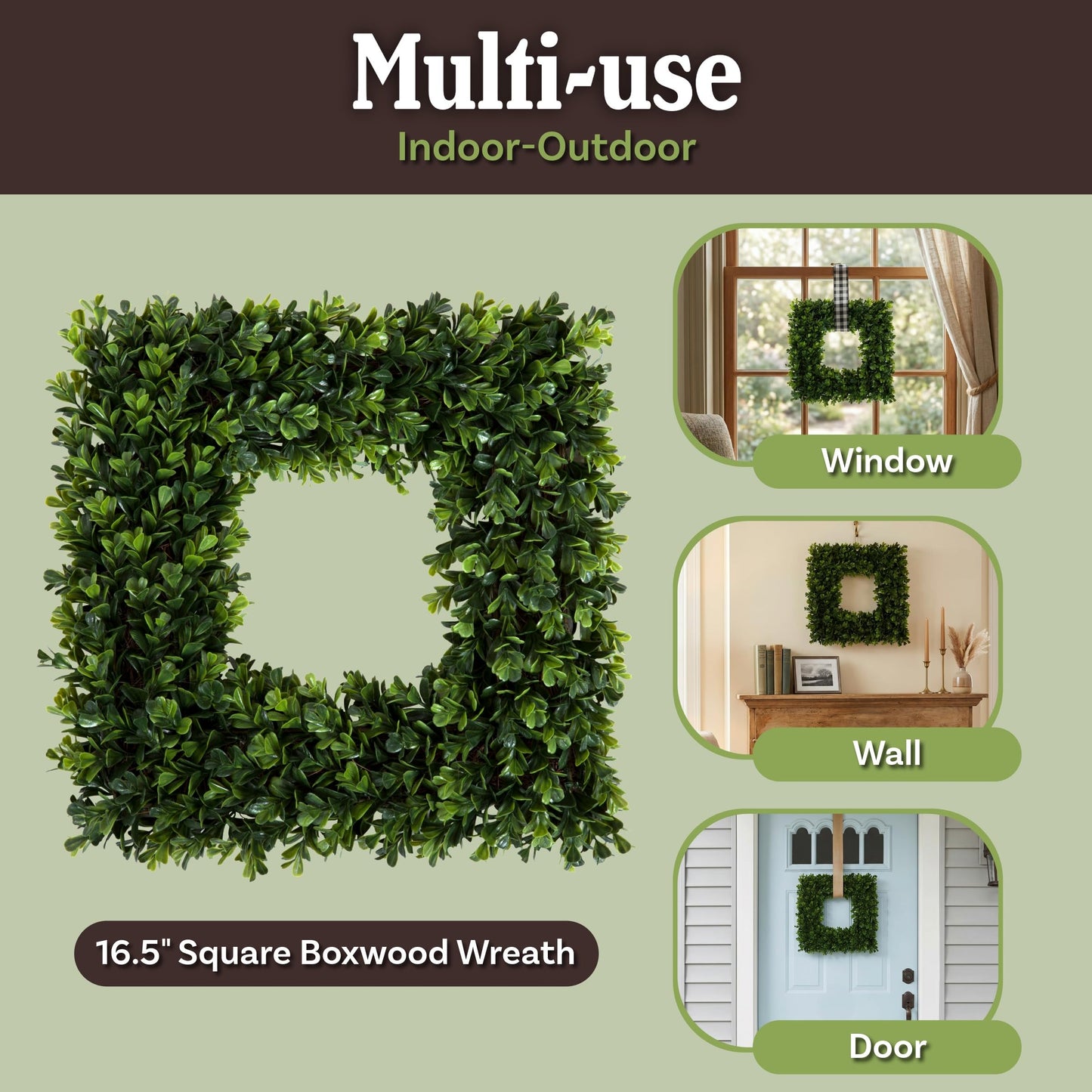 Pure Garden Set of 2 Wreaths - 16.5-Inch Square Artificial Boxwood Spring, Summer, Winter, or Fall Wreaths - Outdoor/Indoor Decor for Front Door