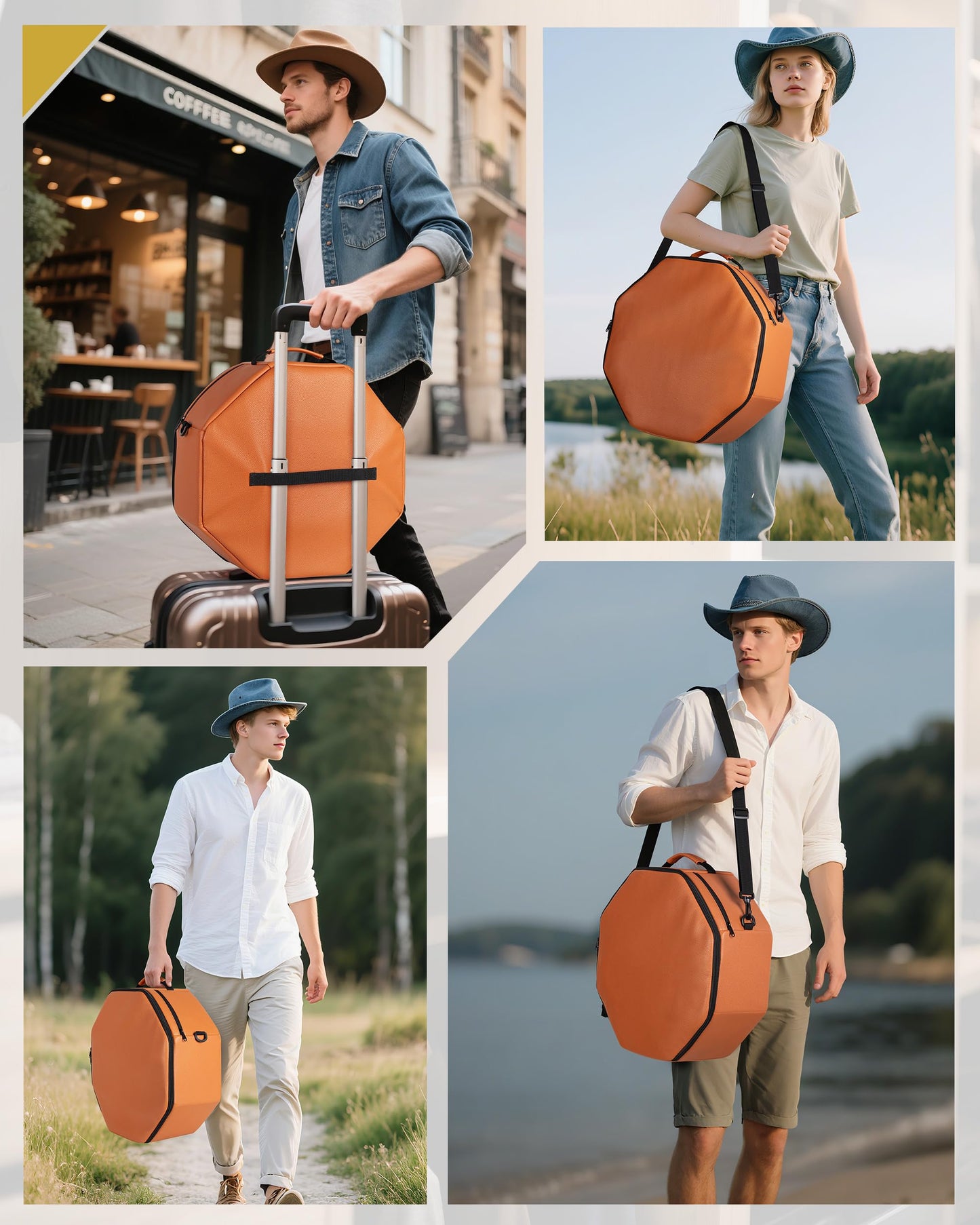 Marscamd Vegan Leather Hat Box Fits 4 Cowboy or Wide-Brim Hats, Padded Storage Case with Shoulder Strap & Trolley Sleeve for Travel or Home Storage, Brown