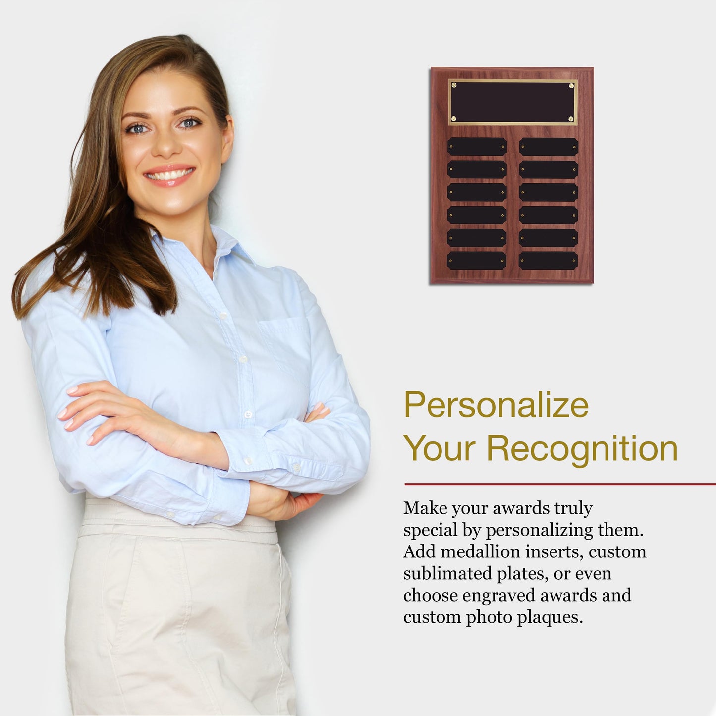SHOP AWARDS AND GIFTS 9 x 12 Inch Perpetual Plaque Award Multiple Name Plate Board for Employee Appreciation, Recognition, Achievement, Walnut Finish with Black and Gold Header, 12 Name Plates