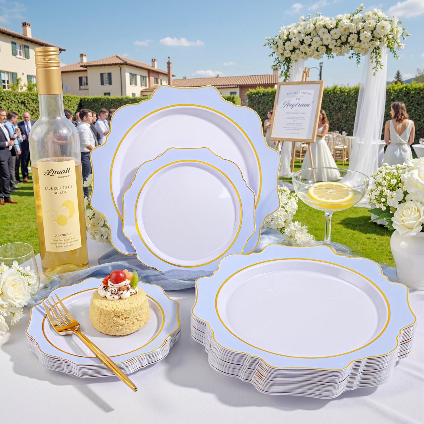 WDF 100PCS Blue Plastic Plates - Light Blue Plates Disposable - Heavy Duty Scalloped Plastic Plate for Parties/Wedding/Baby Shower