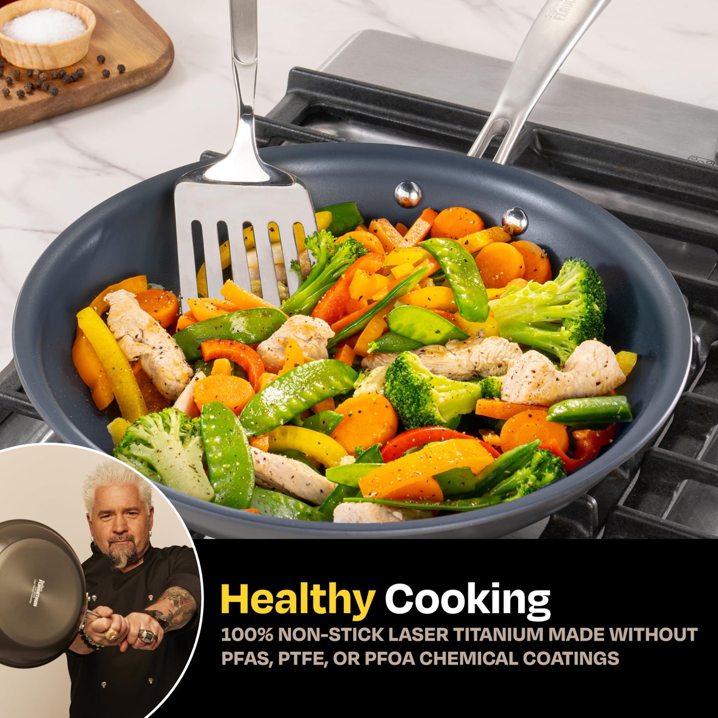Guy Fieri's Flavortown Laser Titanium 2 Pcs Fry Pan Set 8.5" and 10" - Non-stick Cookware Set Without PFAS, PTFE, or PFOA, 3x More Durable, Dishwasher Safe, Oven Safe