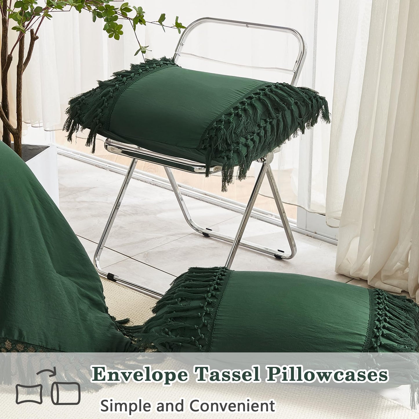 Andency Emerald Comforter Set California King, 3 Pieces Boho Tassel Lightweight Soft Bedding Comforter Sets for King Bed, All Season Fluffy Fringe Bed Set (104x96In Comforter & 2 Pillowcases)