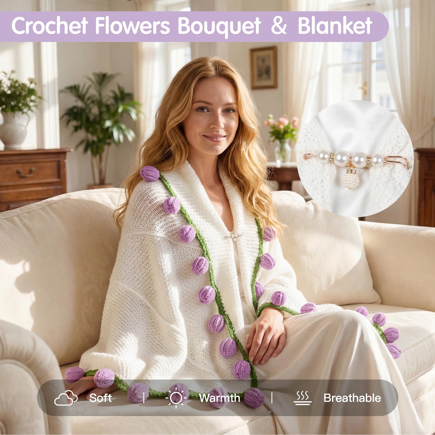 Mom Gifts for Mothers Day, Birthday Gifts for Women-Crochet Flower Bouquet Blanket Cofee Mug-Self Care Thank You Friendship Anniversary Retirement Get Well Gift Baskets for Wife Girlfriend Sister