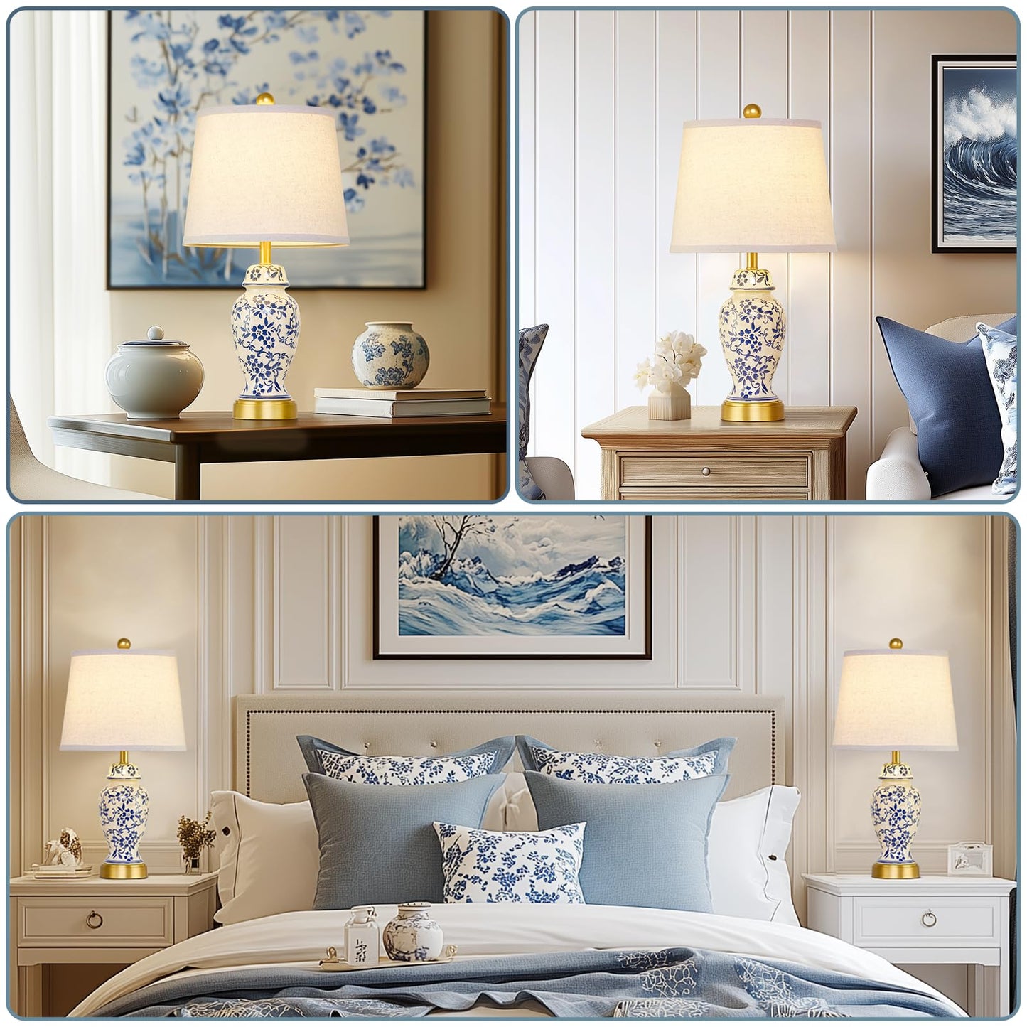 RORIANO Chinoiserie Ceramic Table Lamps Set of 2 for Living Room Bedroom Bedside, Traditional Blue Porcelain Classic Table Lamp for Nightstand Entryway, 2 LED Bulbs Included (Gold)