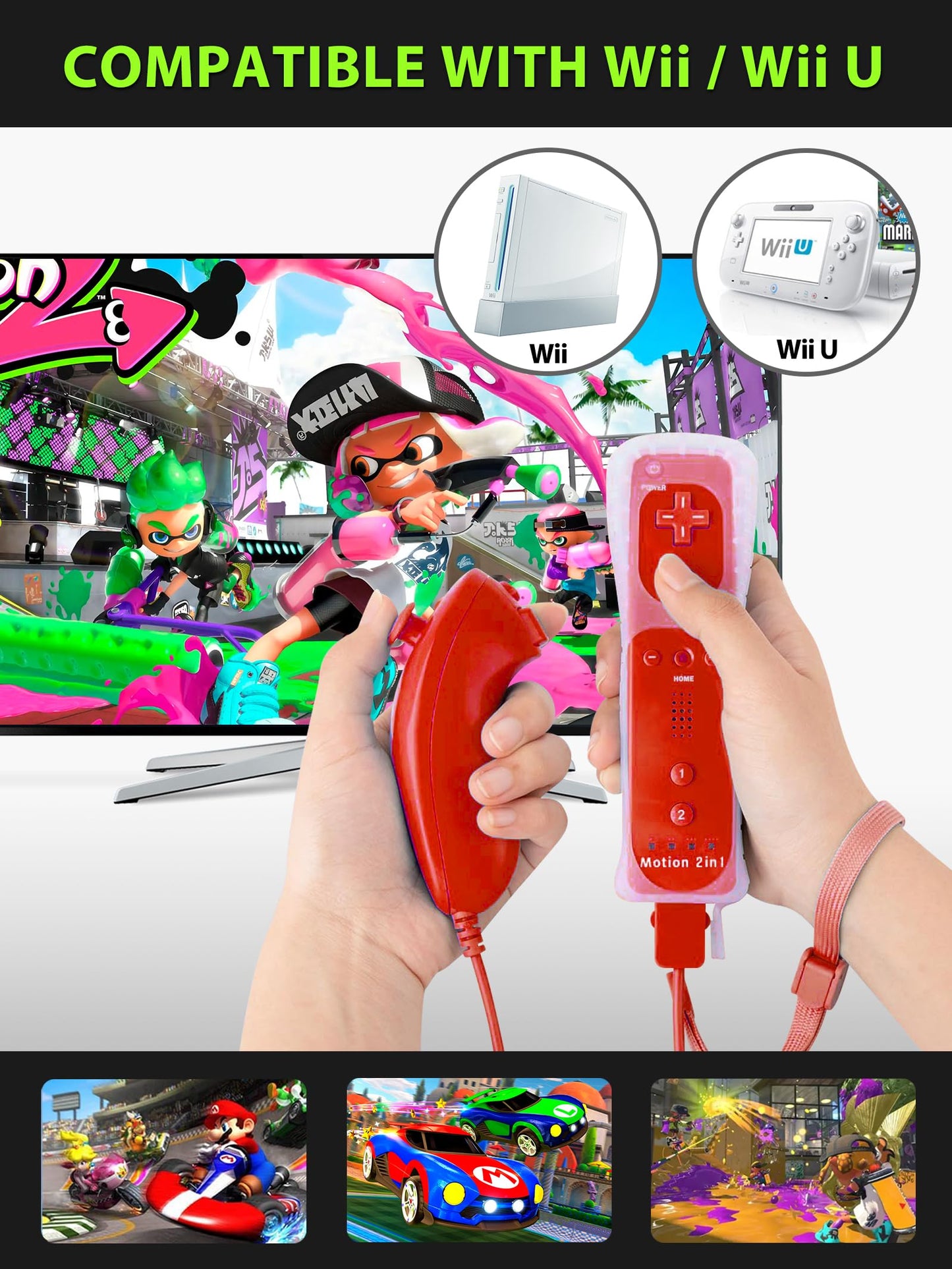 (Red*2) Remote Controller with Motion Plus for Wii/WII U, 2 in 1 Remote with Nunchuck Controller for Wii/WII U Console [nintendo_wii_u]