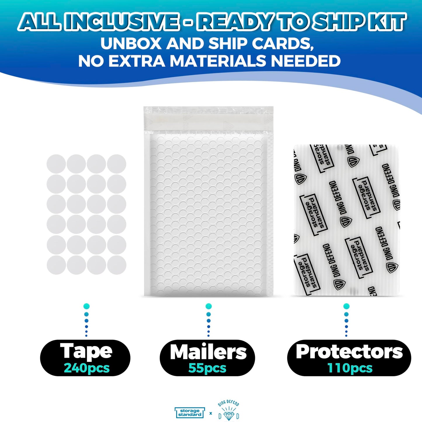 Ding Defend Card Shipping Kit Envelope Bubble Mailers - Includes 110 4’’ x 6’’ Semi-Transparent Small Padded Envelopes/Protectors, 55 Small Bubble Mailers, 240 Tape Seals for Collectible Cards & Slabs