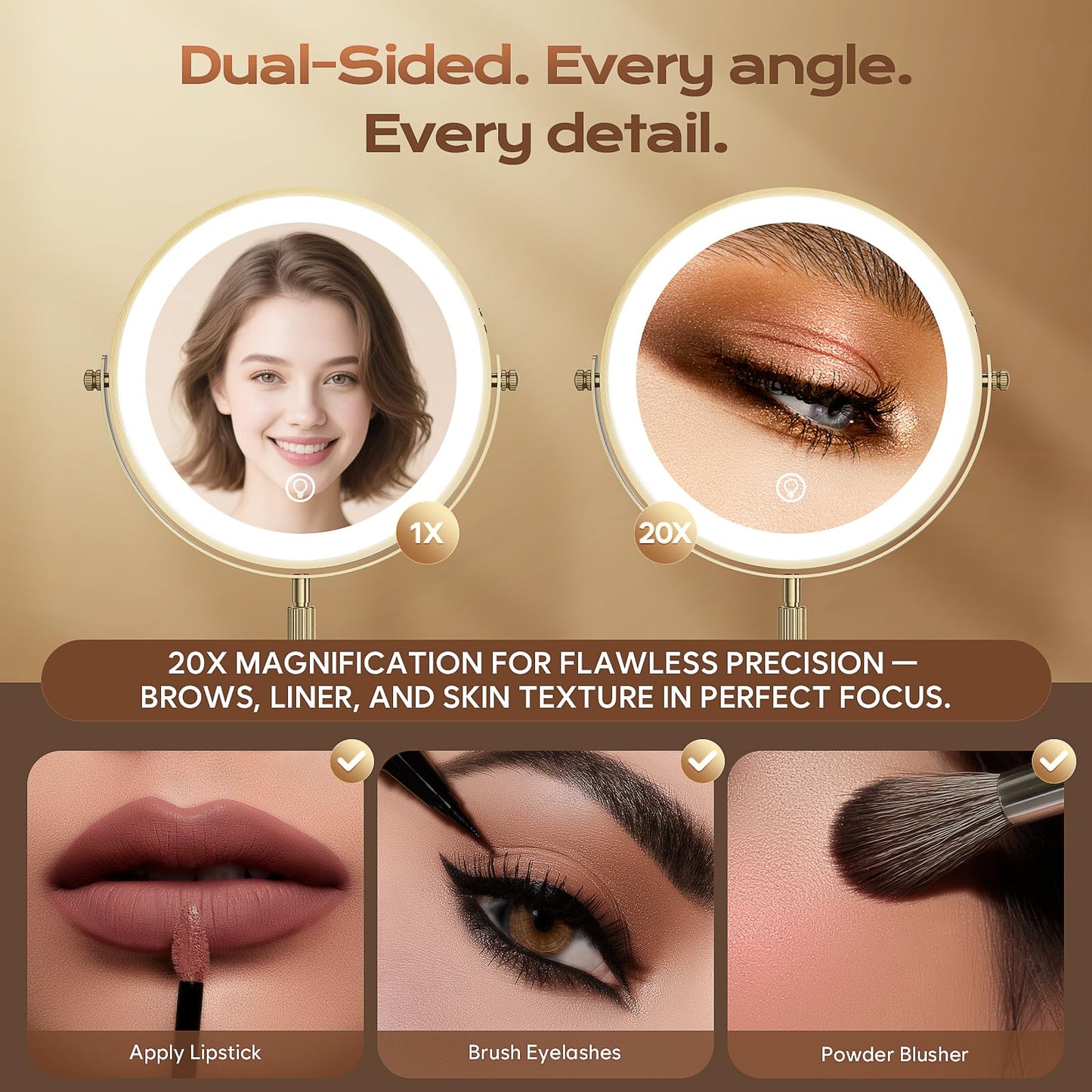 Lighted Makeup Mirror, 5000 mAh Rechargeable Double Sided Magnifying Vanity Mirror with 3 Colors, 1x/20x, 360° Rotation , Brightness Adjustable lighted mirror with magnification, Antique Bronze