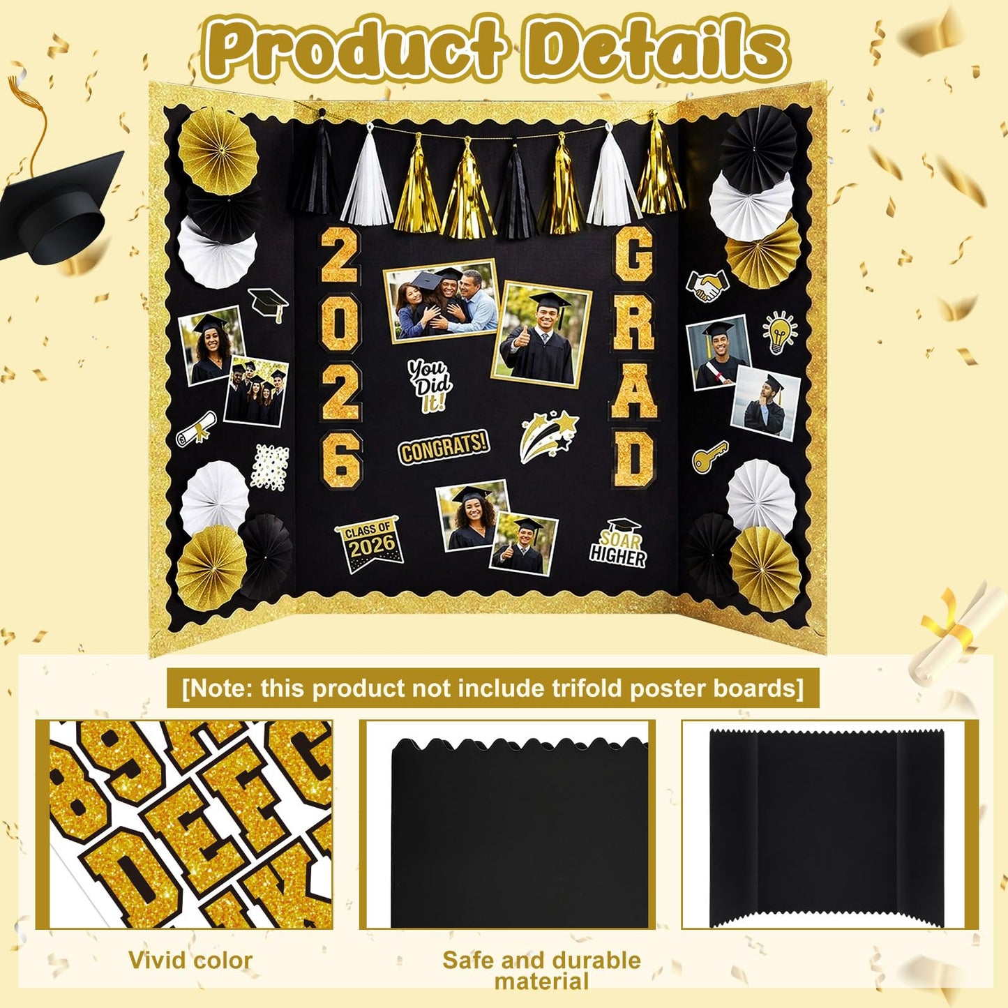 FunooFuno 31 Pcs Graduation Photo Display Board Decoration 40"x28" Trifold Poster Board Graduation Themed Stickers Grad Fan Tassel Garland for 2026 Grad Party College Picture Frame(Black Gold Silver)