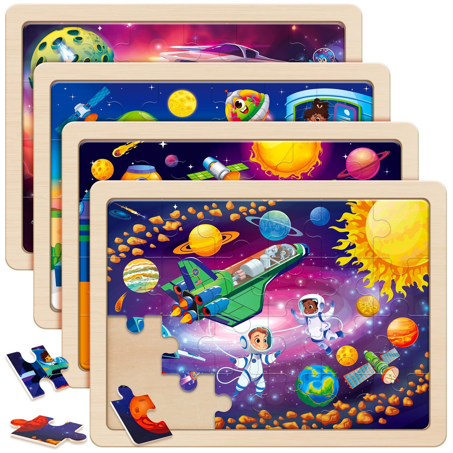 SYNARRY Wooden Space Planets Solar System Puzzles for Kids 3-5, 4 Packs 24 PCs Jigsaw Puzzles for Kids Ages 4-6, Preschool Toys Gifts for Kids, Wood Puzzles for 3 4 5 6 Year Old Boys Girls