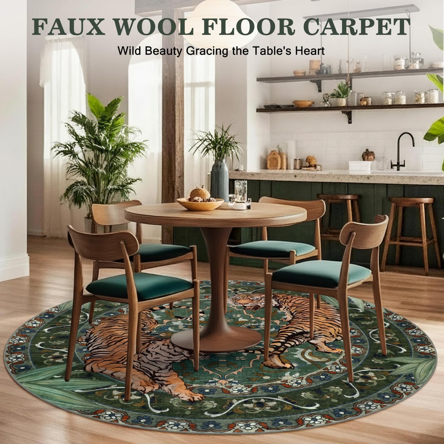 Geanlod Tiger Round Area Rugs for Living Room 6ft, Boho Green Animal Print Bedroom Circle Rugs Non Slip, Washable Botanical Jungle Floor Carpet for Dining Room Entryway Nursery Playroom Office Spring