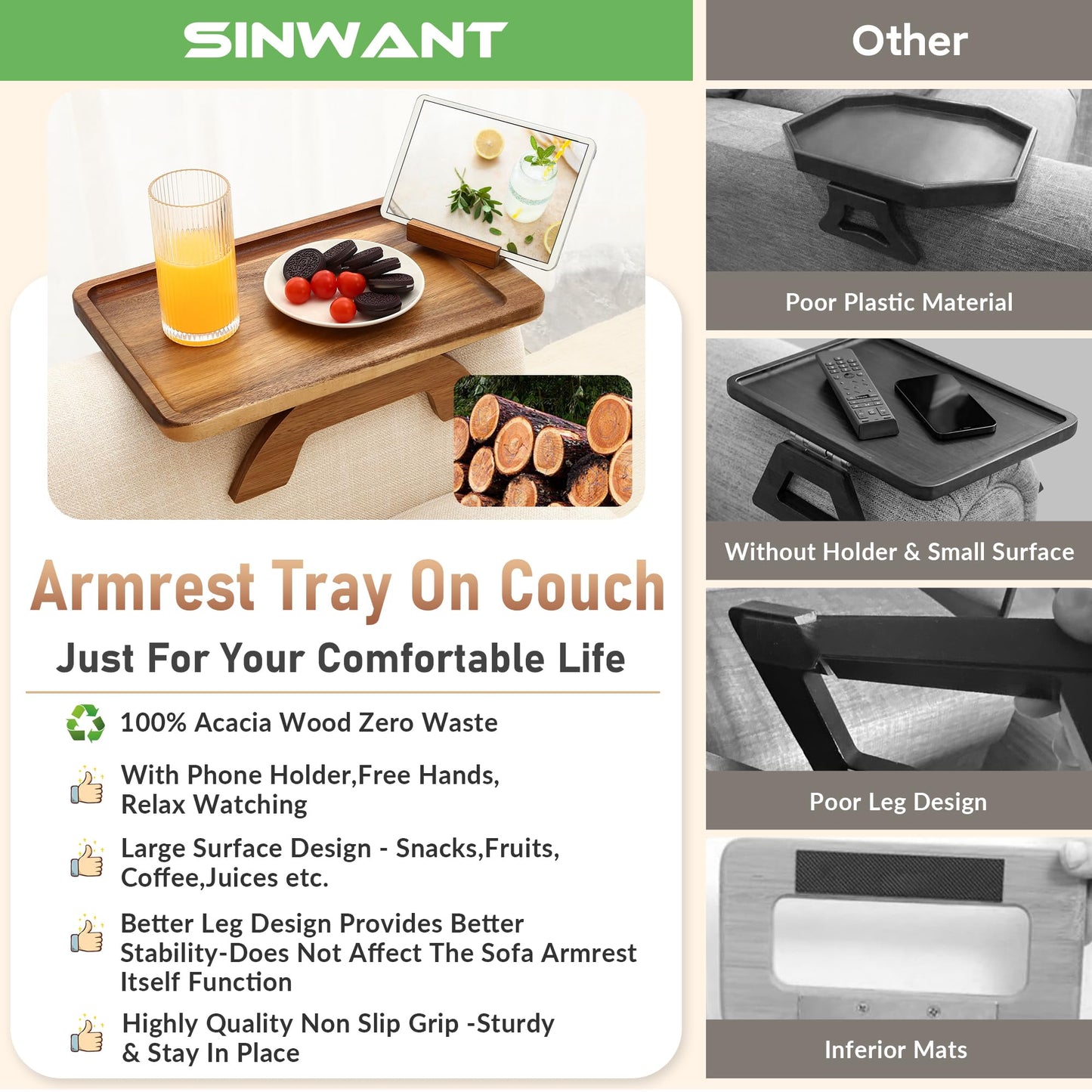 SINWANT Couch Arm Table, Acacia Wood Sofa Arm Rest Tables Couch Armrest Table with 360° Phone Holder,Portable Sofa Armrest Tray for Drink Snacks