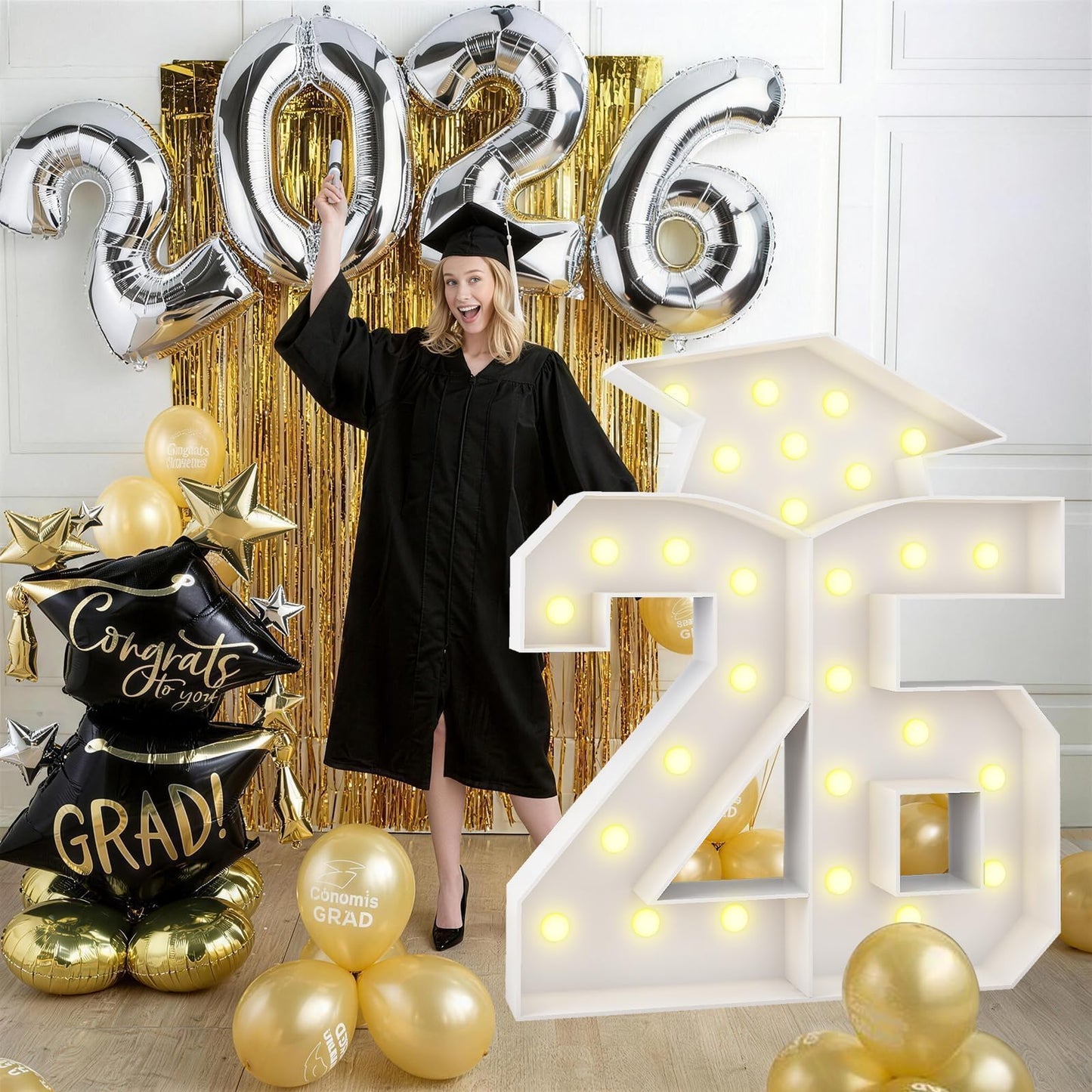 4.5FT 2026 Graduation Decorations, Large 26 Light Up Numbers Graduation Cap with Lights, White Mosaics Marquee 26 Numbers Kit for Class of 2026 High School College Graduation Grad Party Decorations