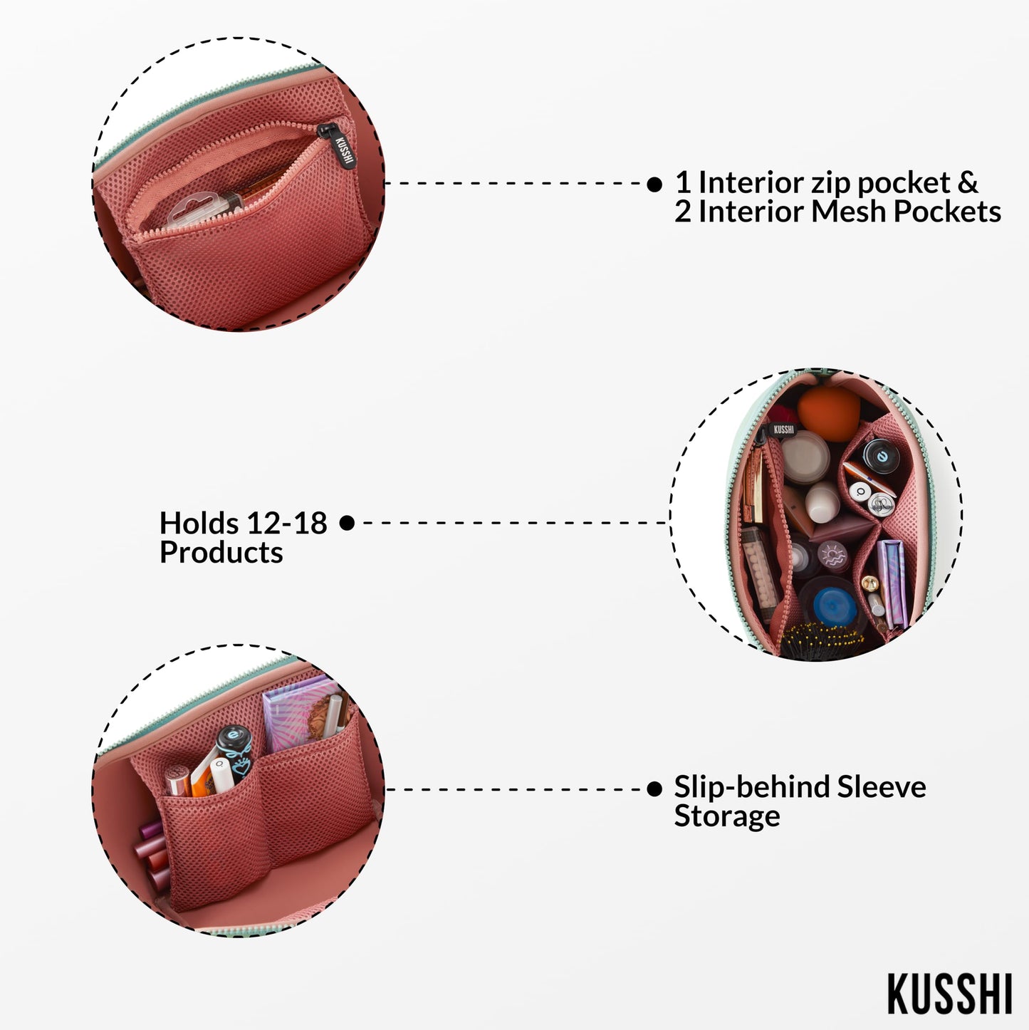 KUSSHI Neoprene Makeup Bag - Washable Makeup Bag for Stress Free Travel (Sage/Coral Rose)