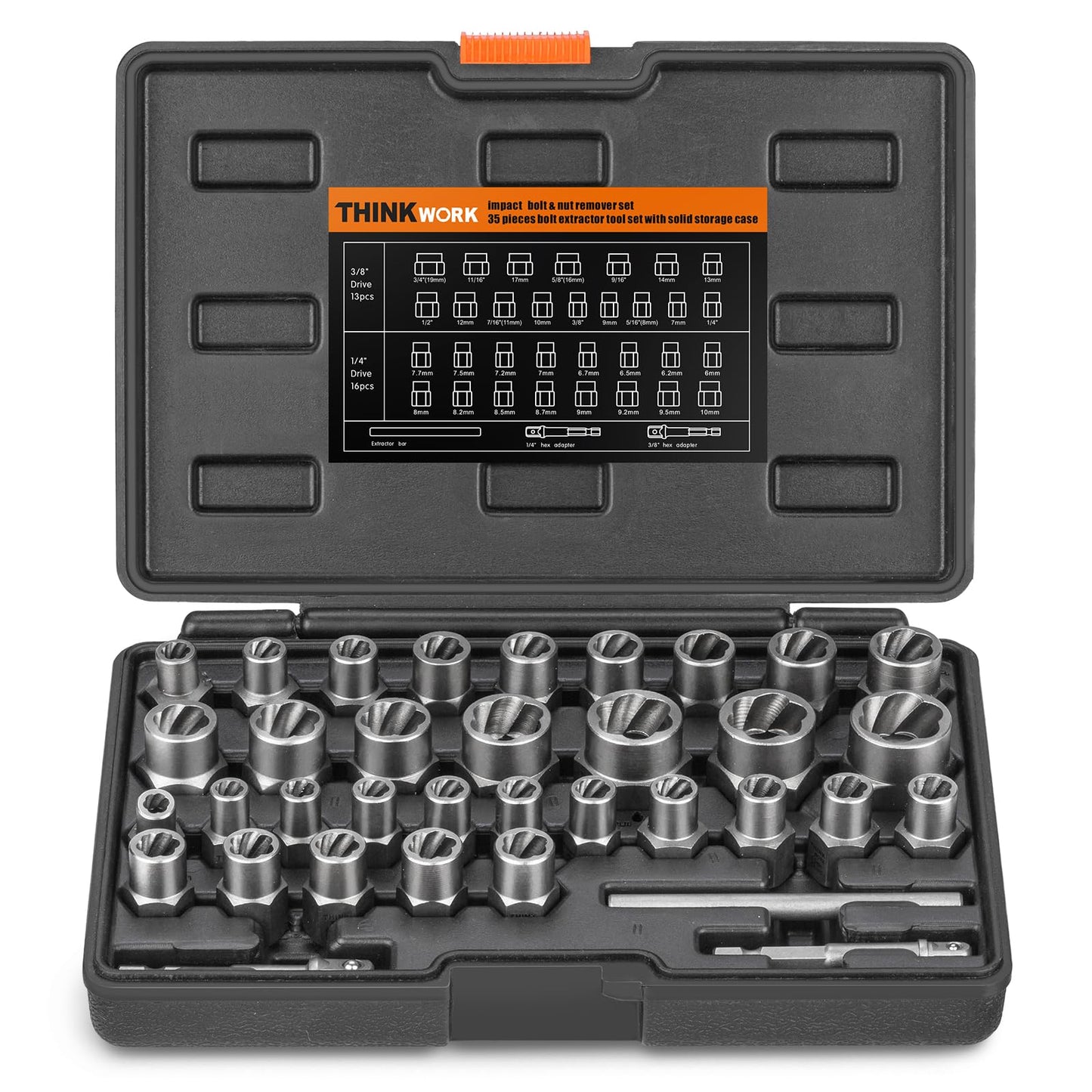 THINKWORK Easy Out Bolt Extractor Kit, 35 PCS Nut Extractor Socket Set, Lug Nut Remover Tool for Damaged, Broken, Rusted, Rounded-Off Bolts, Nuts, Screws