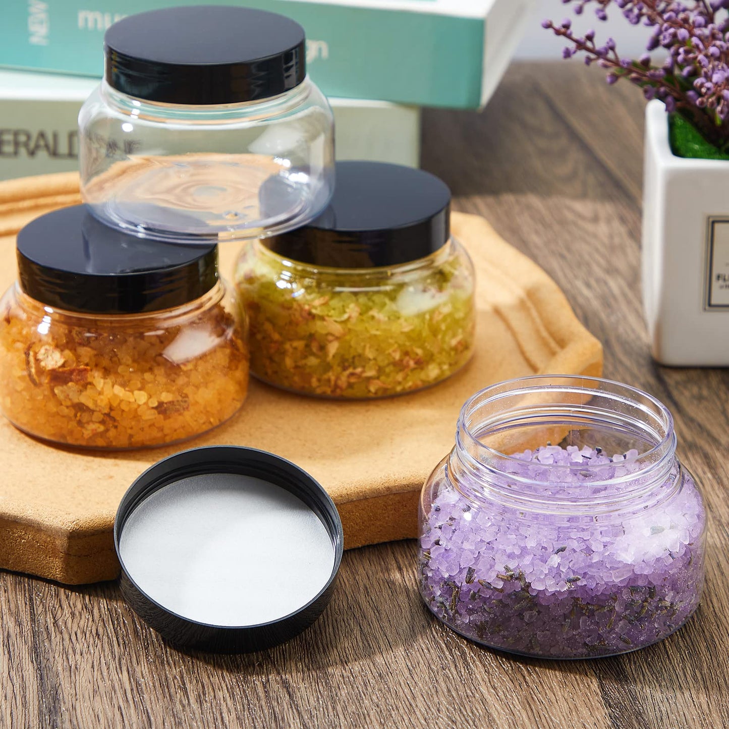 Tessco 24 Pack Plastic Jars with Lids Labels Empty Clear Plastic Jars Round Refillable Cosmetic Containers Body Butter Containers Bulk Sugar Scrub Bottle for Make Up(8 oz,Clear)