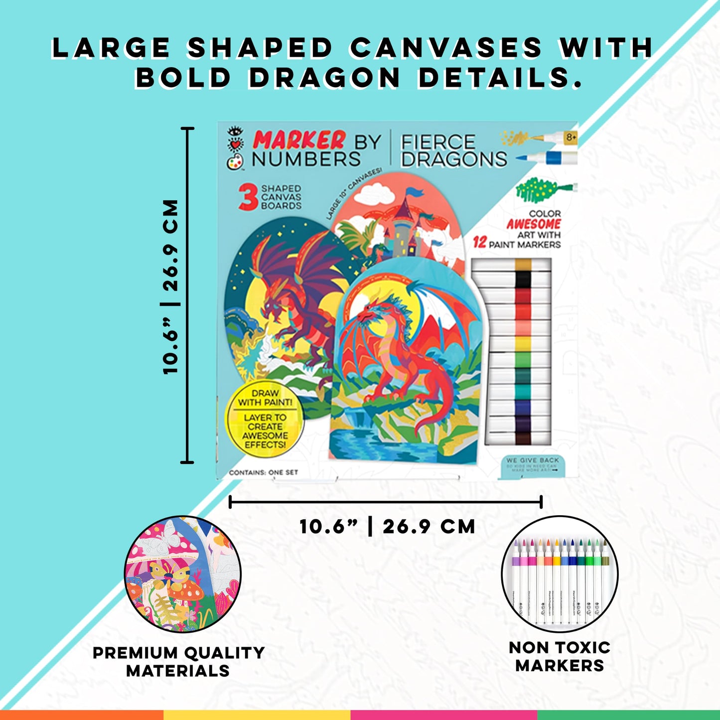 Bright Stripes Marker by Numbers Paint Kit for Kids Ages 8+ | Fierce Dragons Acrylic Paint Marker Set | Includes 3 Shaped Canvas Boards, Gold Marker & Easel Stands