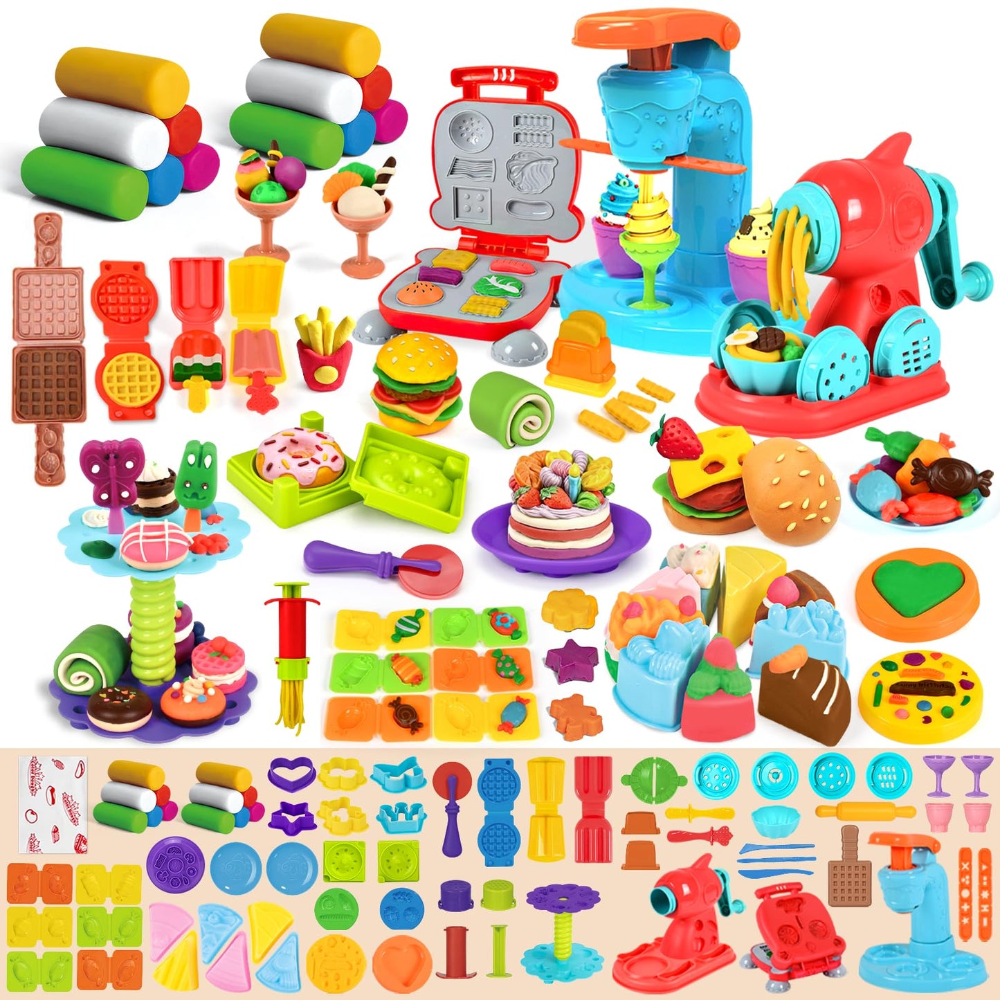 Aprilwolf 75 PCS 4 in 1 Dough Sets for Kids Ages 3-4-8, Art Crafts Dough Tools Kit, Ice Cream Playset Noodle Hamburger Maker Machine Dessert Rack, Kitchen Creations Food Play Toys Toddlers Boys Girls