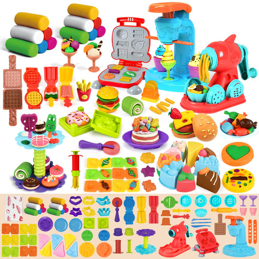 Aprilwolf 75 PCS 4 in 1 Dough Sets for Kids Ages 3-4-8, Art Crafts Dough Tools Kit, Ice Cream Playset Noodle Hamburger Maker Machine Dessert Rack, Kitchen Creations Food Play Toys Toddlers Boys Girls