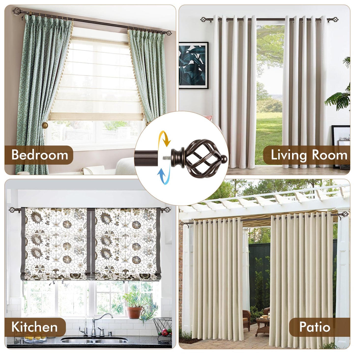 KAMANINA 2 Pack Curtain Rods 32 to 58 Inches (2.6-4.8ft), 3/4 Inch Curtain Rods for Windows Splicing Adjustable Single Drapery Rod with Twisted Cage Finial, for Indoor and Outdoor, Bronze