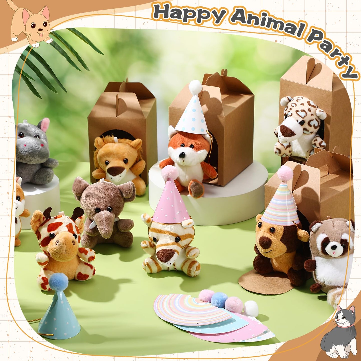 Seenelling 48 Pcs Mini Safari Plush Animals Set Forest Stuffed Toys Adopt a Pet Party Favors Jungle Animal Plush Toys with Birthday Hats Paper Boxes for Animal Theme Favor Birthday Party Gift