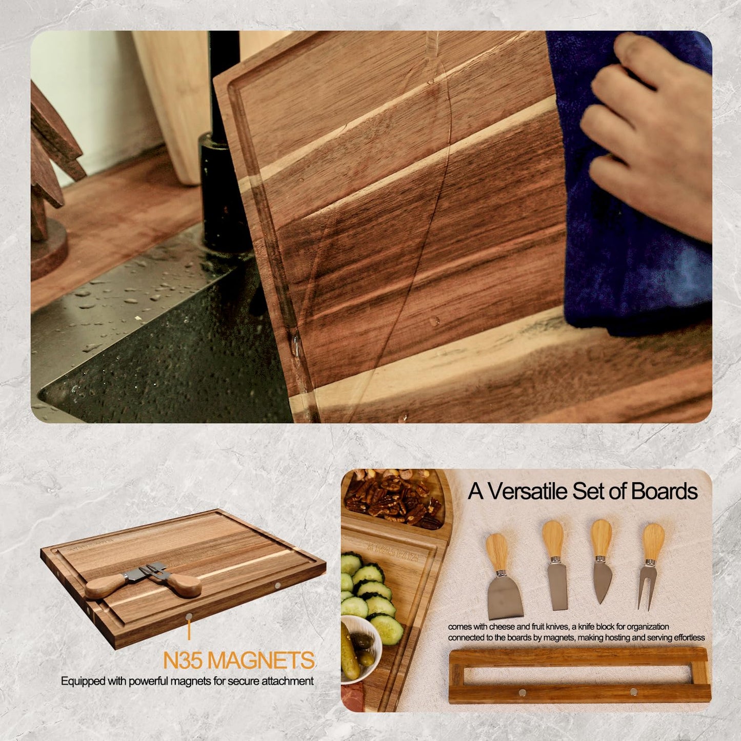 KWASVLYA Magnetic Charcuterie Board Set - Acacia Wood Serving Tray & Cutting Board with Modular Design, Juice Grooves, +4 Cutting Mats & Knives, 26x13 Inch, Gift for Home/Parties