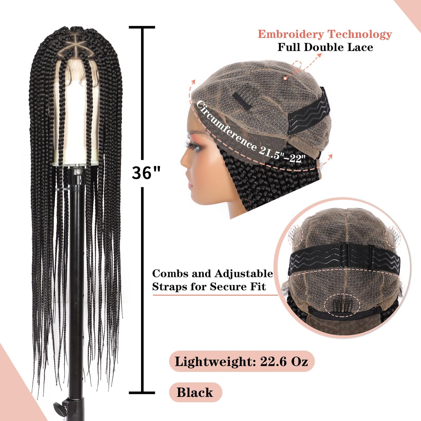 Lexqui 36'' Knotless Box Braided Wigs for Women Braided Lace Wigs Triangle Lace Front Braided Wig Human Hair Blended Full Double Lace Braided wig with Baby Hair Braid Lace Front Wig
