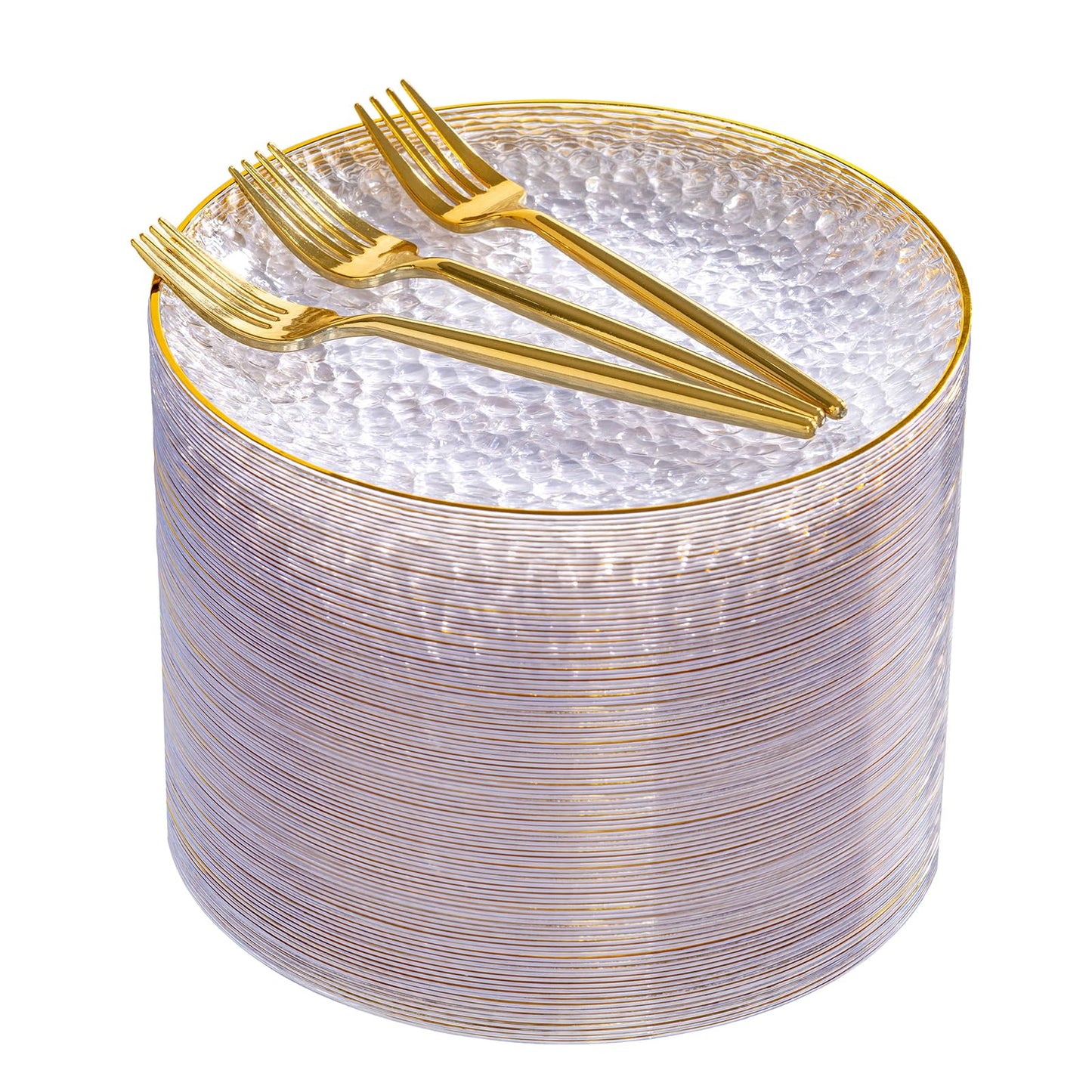 DaYammi 240Pcs Gold Plastic Plates Including 120Pcs Dessert Plates and 120Pcs Cake Forks,Hammered Party Plate,Clear Gold Appetizer plates Heavy duty Disposable Plastic Plate for Party Wedding Birthday