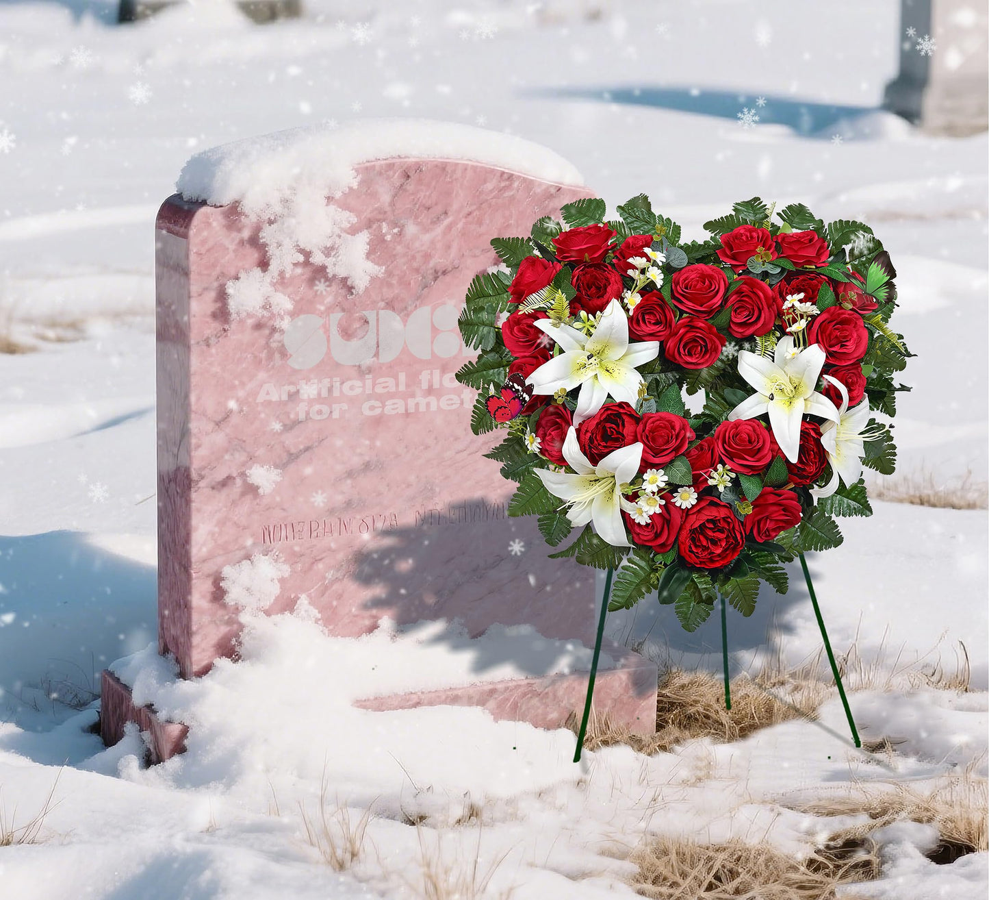SUHOOKOO Cemetery Flower - Ebullient Remembrance Standing Heart, Grave Wreath with Easel Stand,Memorial Floral-Red Rose Hibiscus/White Lily-27 Inch