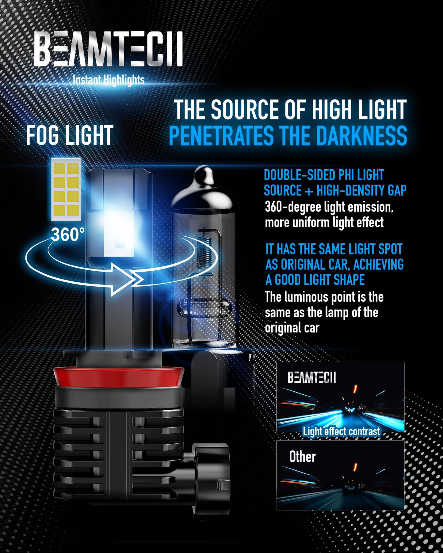 BEAMTECH 9005 H11 Bulbs, Fanless In Line HB3 H8 H9 Fog Light Bulb 6500K Xenon White Fog Light Of 4