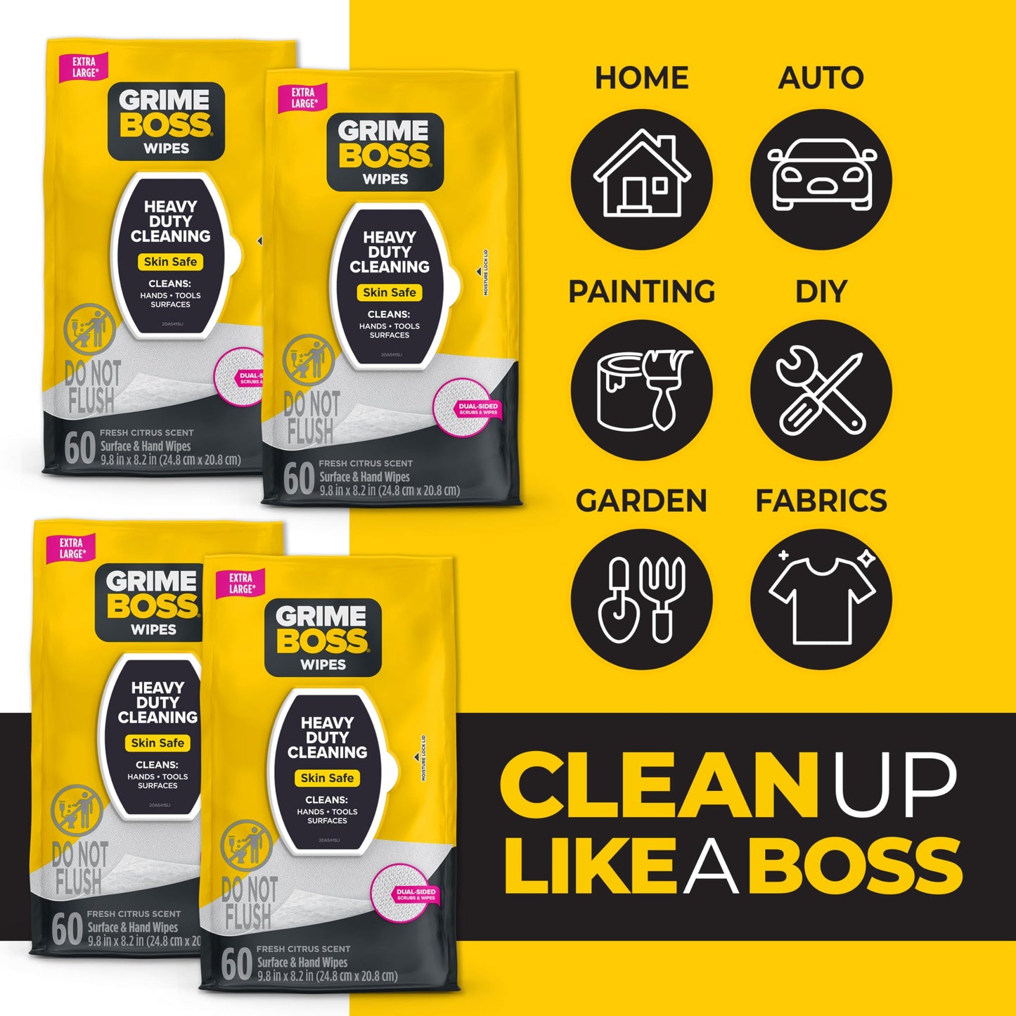 Grime Boss Heavy Duty Surface and Hand Wipes (4x60ct) | Wet Wipe Remove Paint, Oil, Grease, Adhesives, Mud, Dirt | Shop Rag Replace Cleaners like Rags, Towels, Pumice, Soap