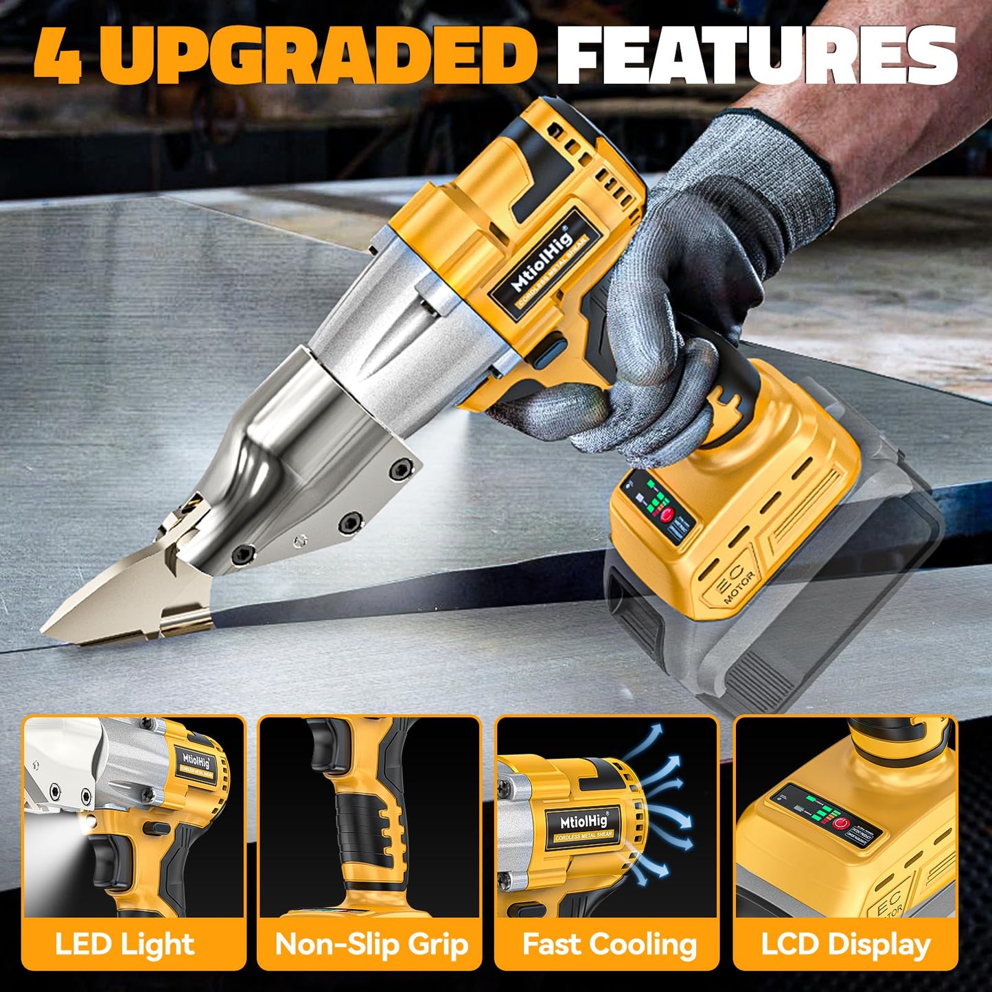 MtiolHig Cordless Sheet Metal Cutter: 221 Ft-Lbs Torque, 360 Pivoting Head, Cuts 18GA Material, Compatible with Dewalt 20V Battery