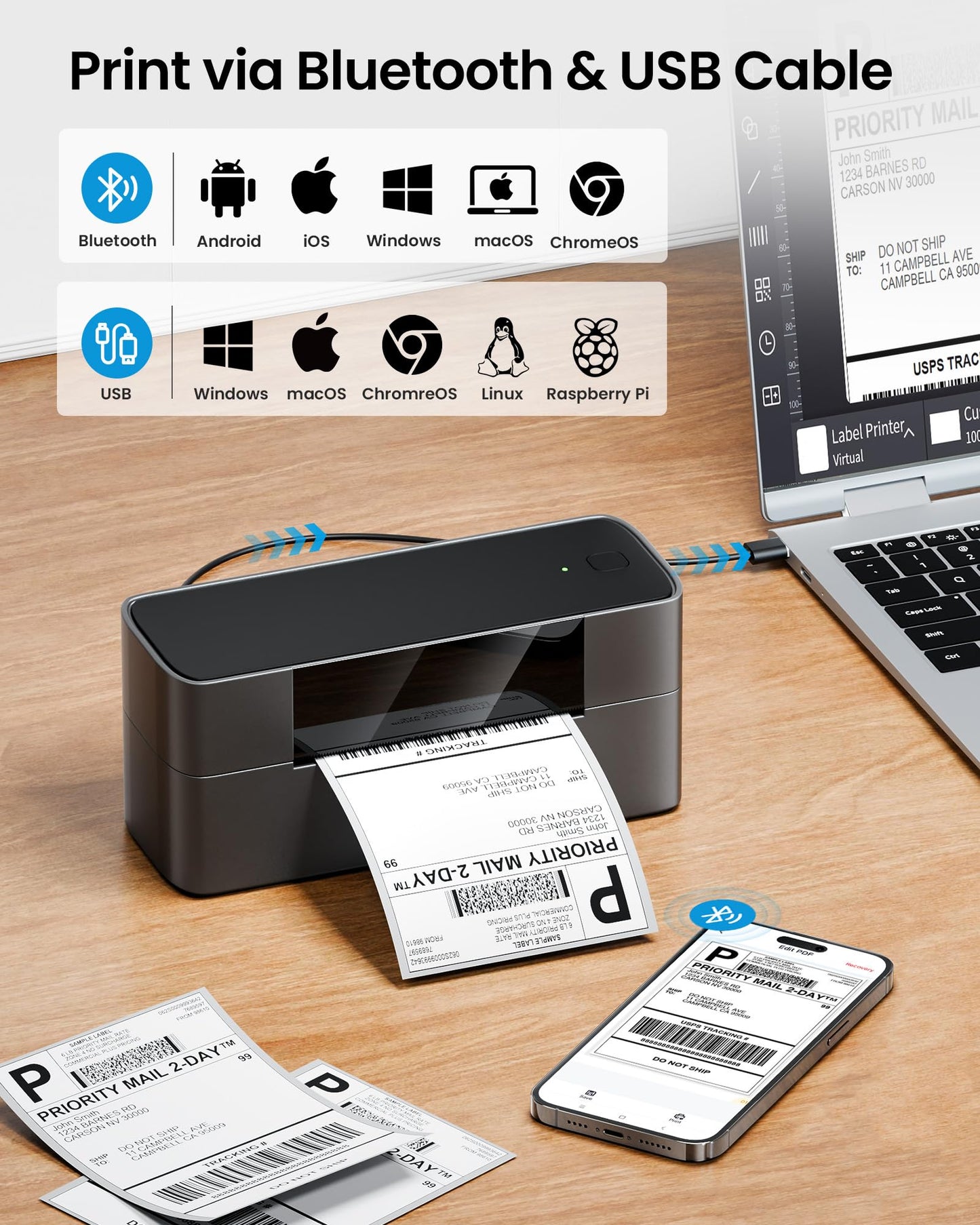 Itari Bluetooth Thermal Shipping Label Printer, 245-BT Wireless Label Printer 4x6, Desktop Label Printers for Small Business & Shipping Packages, Support iOS, Android, Windows, Amazon, Shopify, USPS