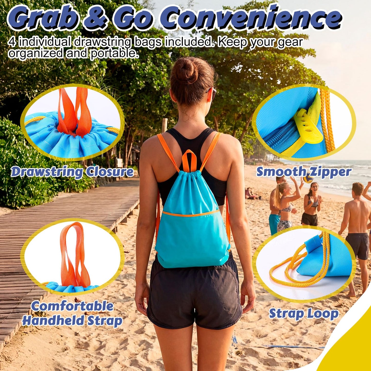 Junkin 4 Pairs Beach Paddle Ball Racket Set with 8 Rackets 4 Paddle Ball and 4 Drawstring Bag Paddleball Rackets for Indoor Outdoor Beach Game Yard Lawn Party Supplies