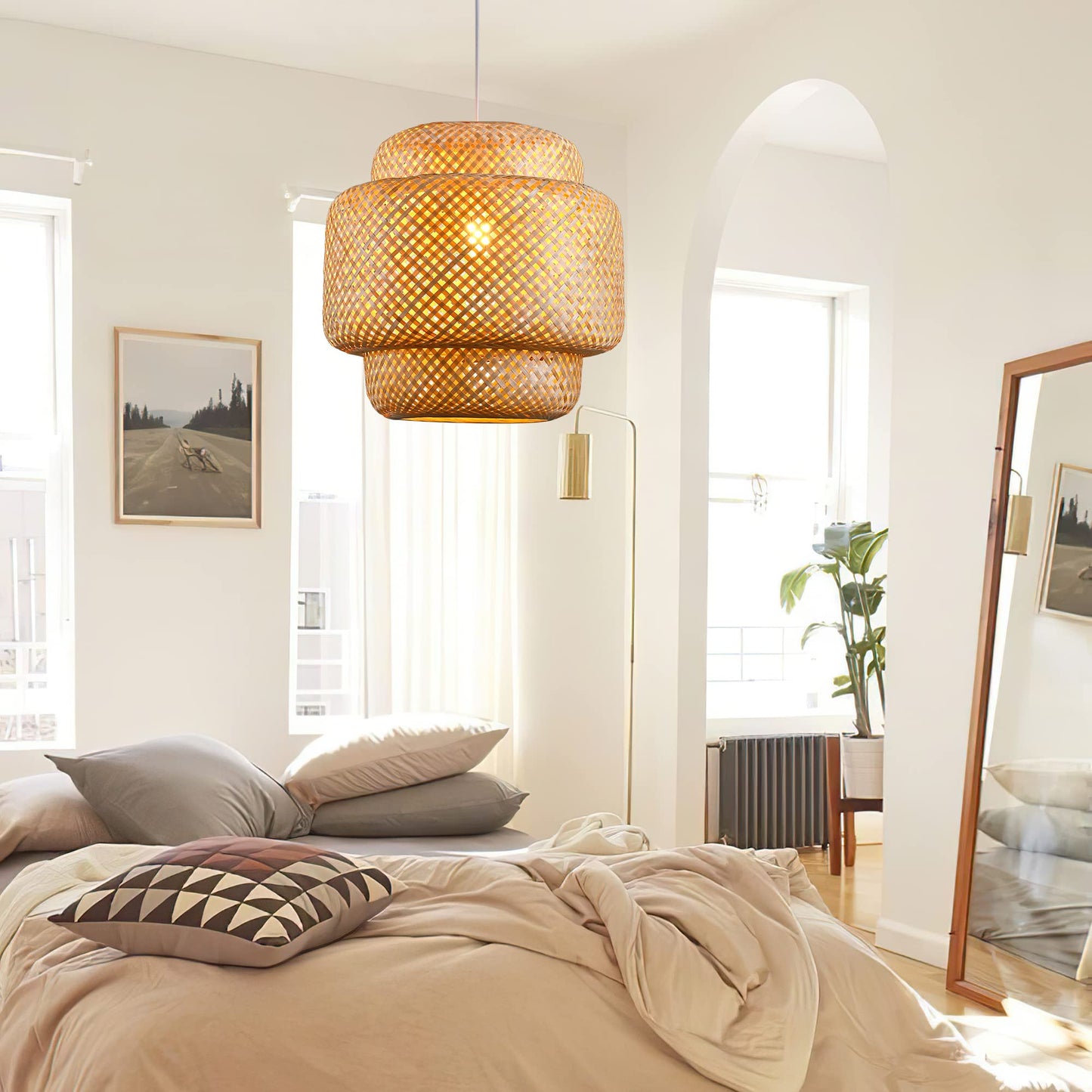 Karjearl Bamboo Pendant Light - Boho Basket Chandelier Handmade Woven Pendant Light, Natural Wicker Rattan Hanging Chandelier for Kitchen Island Dining Room Living Room Porch