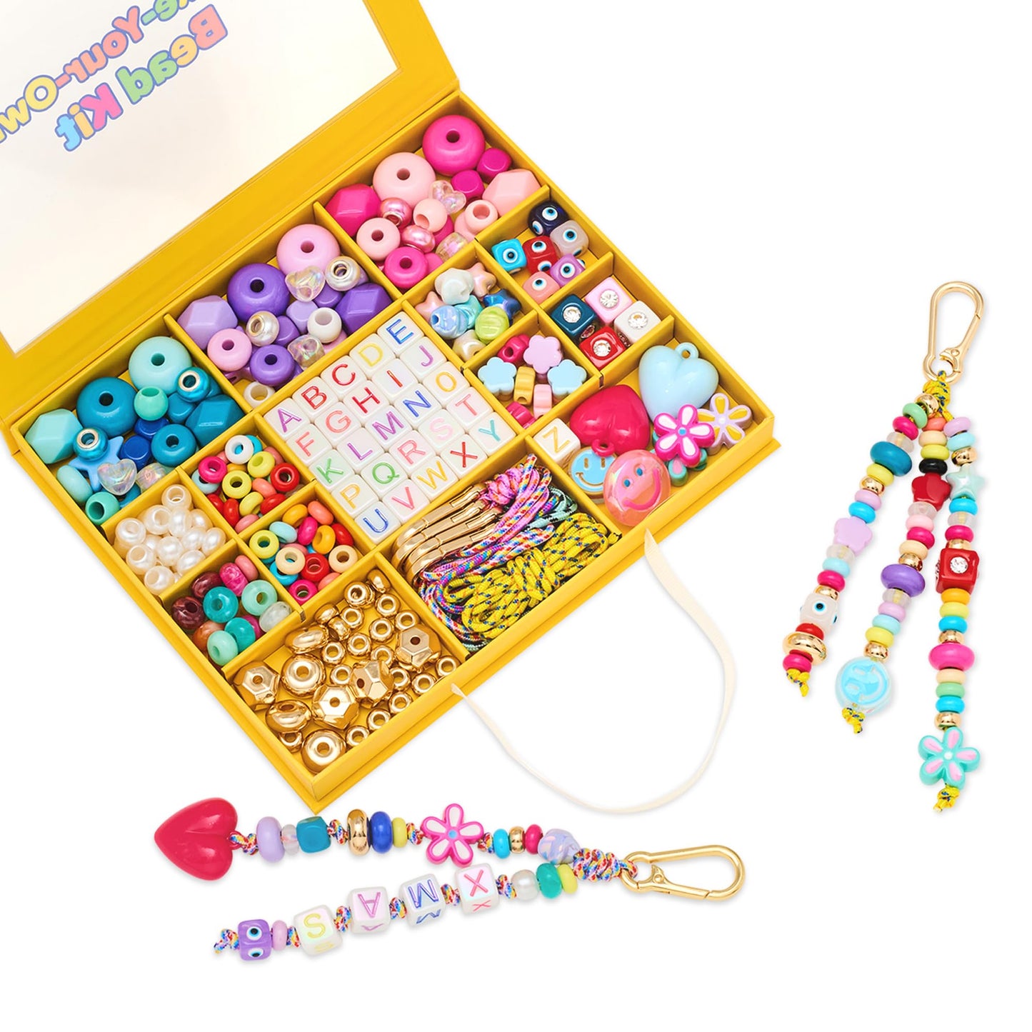 MINIMISSMIANYC Bead Bag Charm Kit for Girls,Big Colorful Beaded Heart Flower Letter A-Z Keychain Making Kit Key Chain DIY Charm Supplies Carft Accessoriess Jewelry for Women Kids Boys