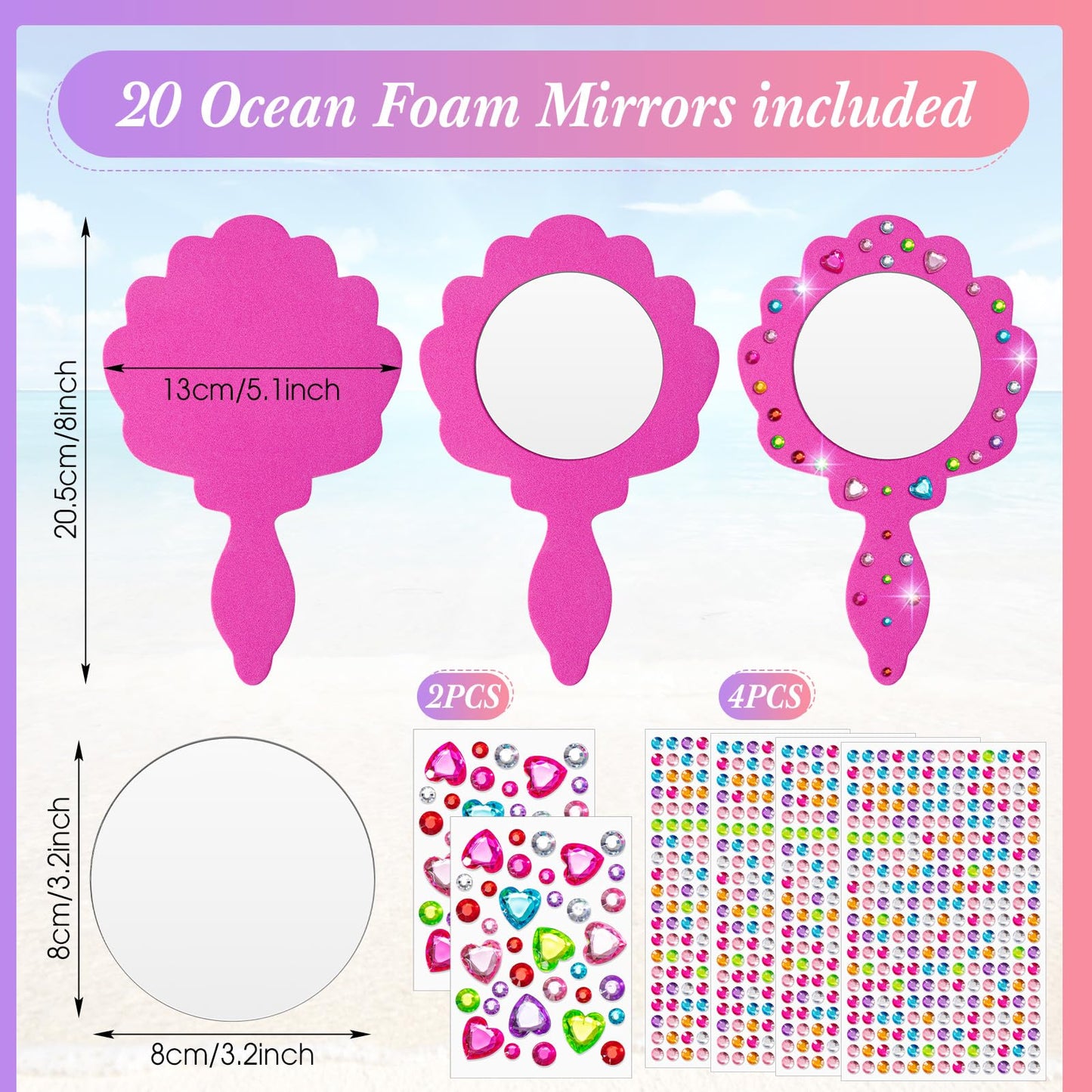 Geetery 20 Pcs Unbreakable Kids Mirror DIY Decorate Your Own Princess Mirror Mermaid Foam Small Crafts Princess Party Decorations(Pink)