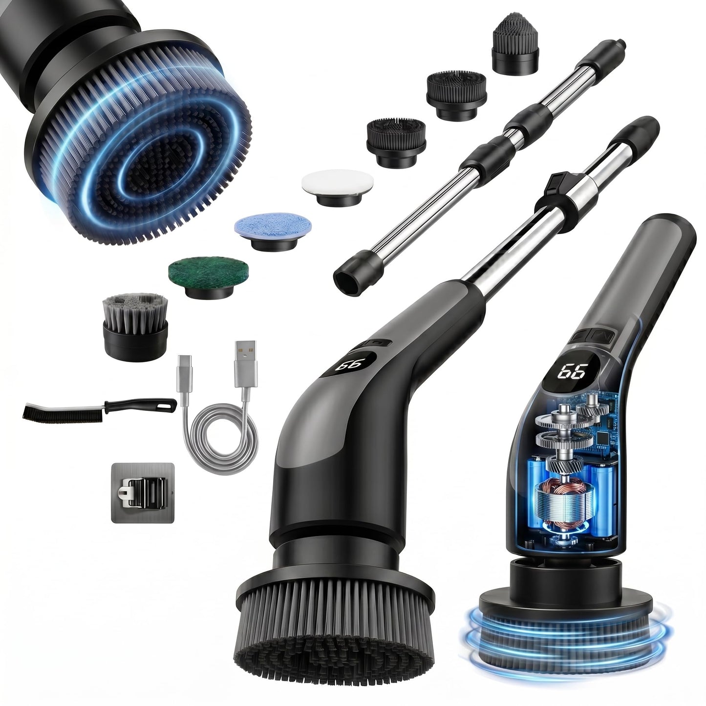LIVINGPRO Electric Spin Scrubber with LCD Display, Cordless Cleaning Scrubber for Home, Upgraded 70W Dual Speed Motor, IPX7 Waterproof Power Scrubber, 7 Brush Heads, Extendable Long Handle