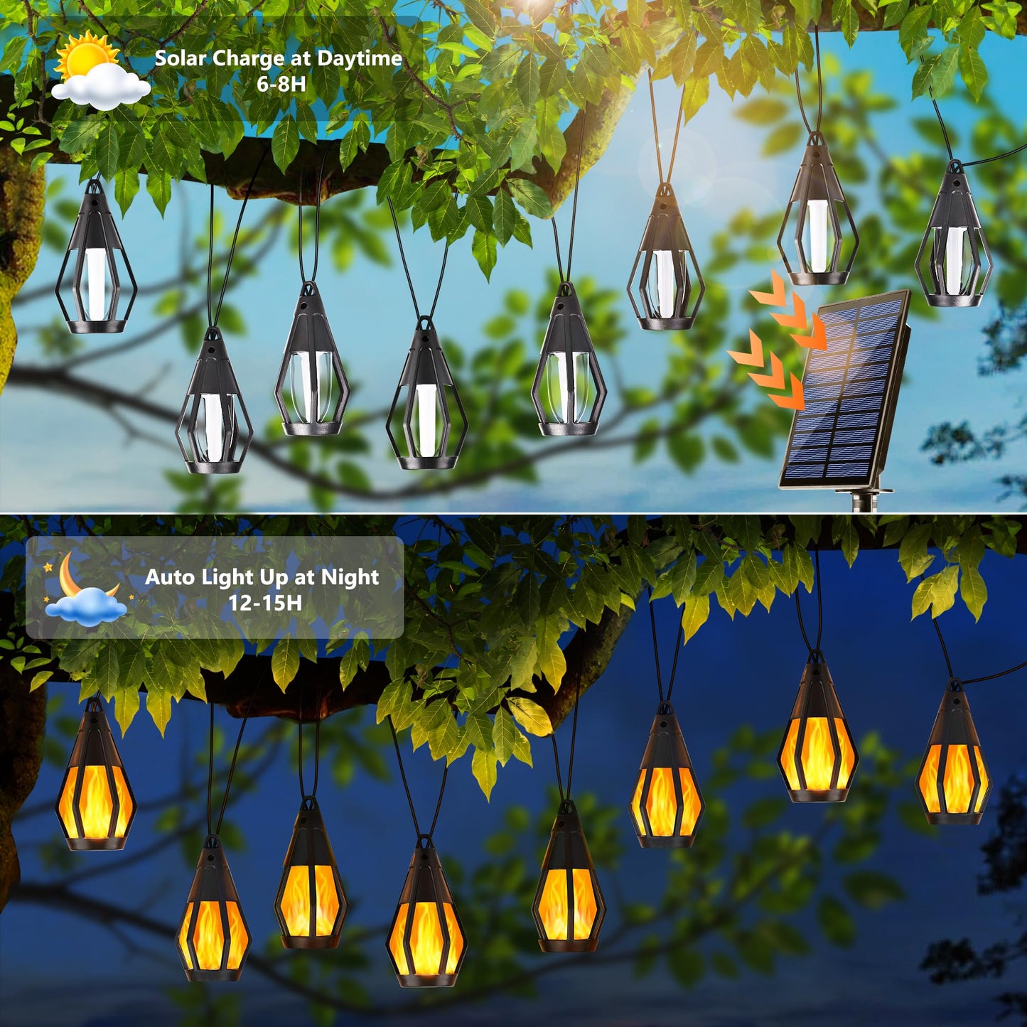 Solar String Lights for Outside, 44Ft Solar Patio Light with 20 Flickering Flame Light Bulbs, Waterproof Warm White Solar Powered Outdoor Lights for Garden Yard Patio Gazebo Bistro Cafe Party Decor