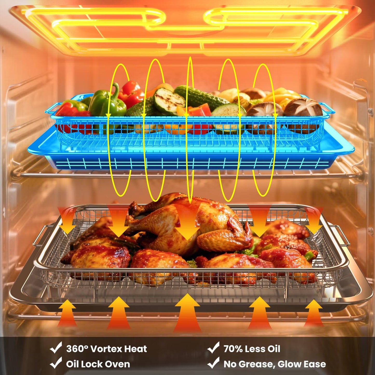 Xumilas 304 Stainless Steel Air Fryer Basket for Oven - 2 Pack Crisper Tray & Mesh Rack Set (15"x11" & 12.8"x9.7") with 60 Parchment Papers, Air Fry Pan for Bacon Fries Vegetables - Family Size