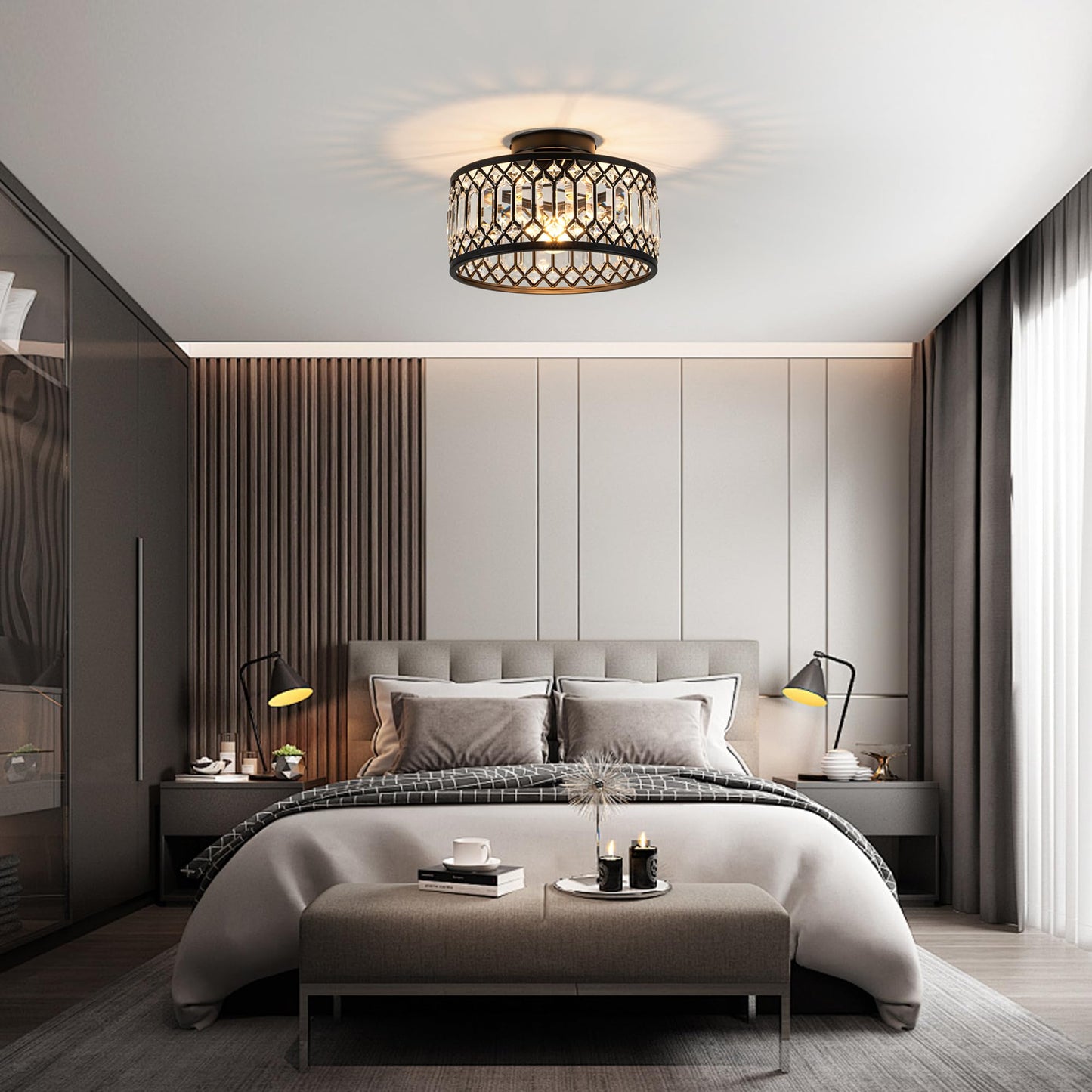 Rpzloila Crystal Ceiling Light Fixture, Modern Flush Mount Ceiling Light, Black Crystal Chandelier for Kitchen Bedroom Bathroom Entryway Hallway