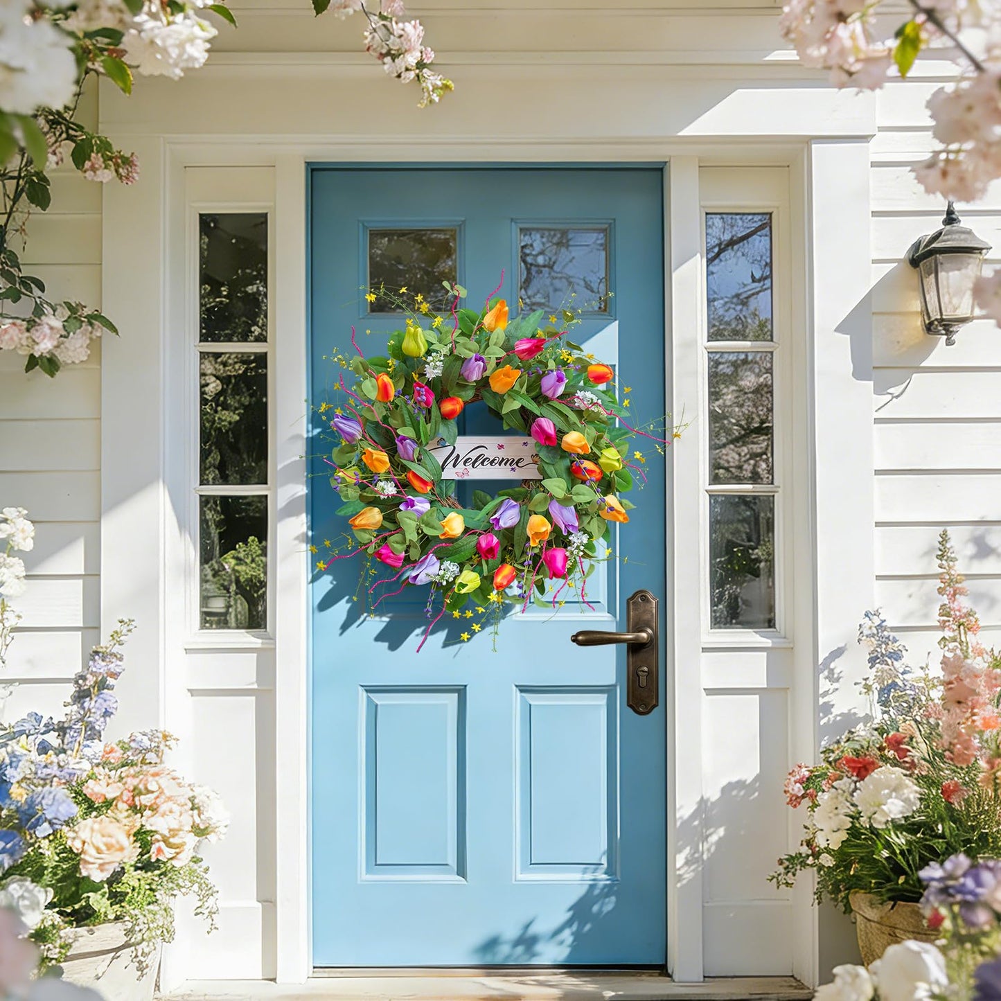 Summer Spring Wreaths for Front Door 26 Inch, Tulip Spring Summer Wreath with Welcome Sign, Artificial Floral Spring Door Wreath for Outdoor Front Door, Farmhouse Seasonal Summer Wreath
