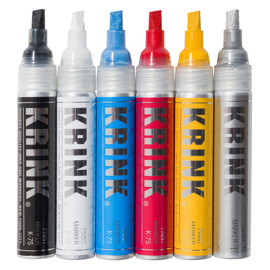 Krink K-75 6 Piece Paint Marker Set - Vibrant and Opaque Fine Art Paint Pen for Any Surface - Permanent Graffiti Markers Paint Markers with Alcohol-Based Paint for Plastic Glass Paper and More