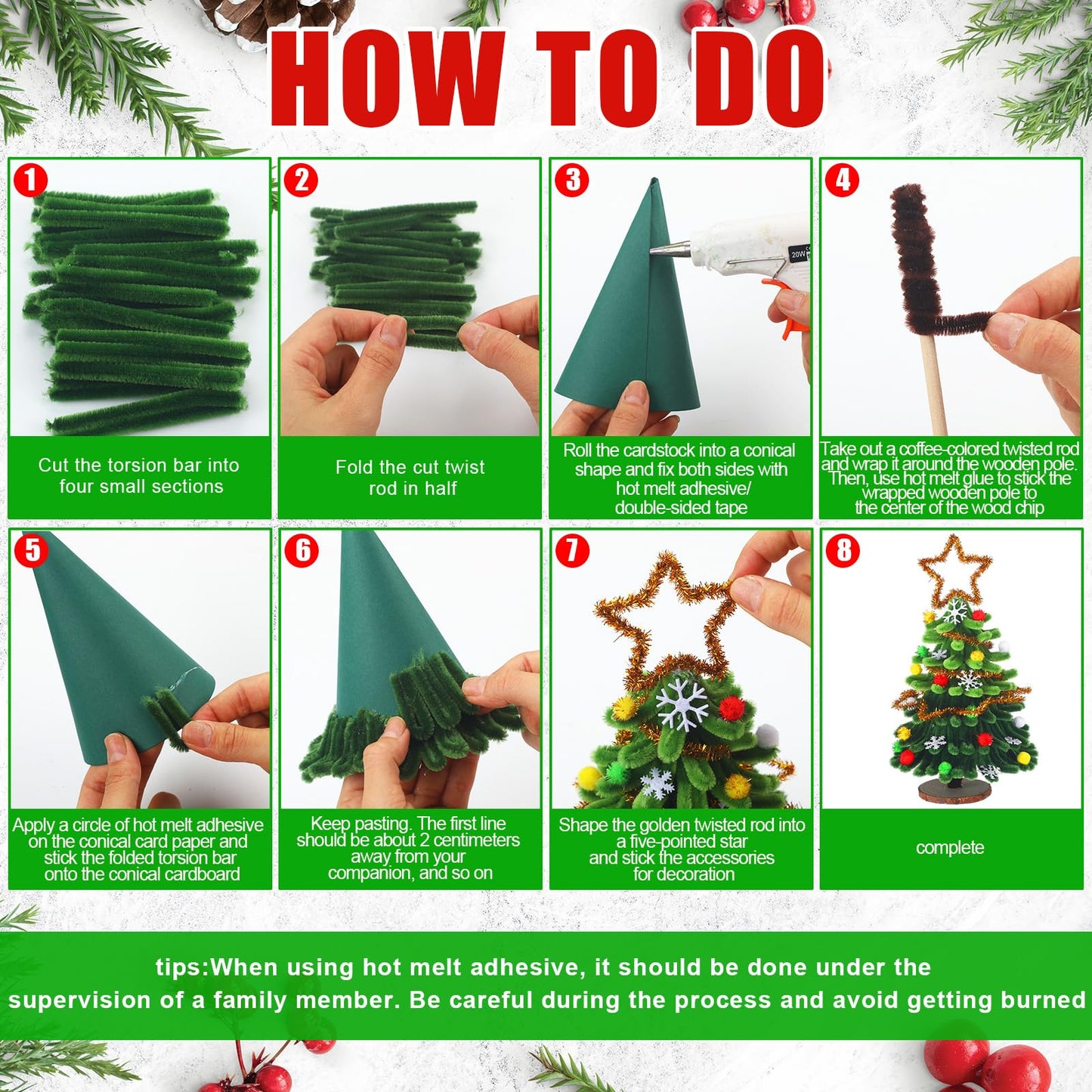 Soulchen 30 Kit DIY Christmas Tree Craft Pipe Cleaners Craft Christmas Colors Chenille Stems Supplies Easy Make Xmas Tree Ornaments Accessories for Holidays Gift School Project