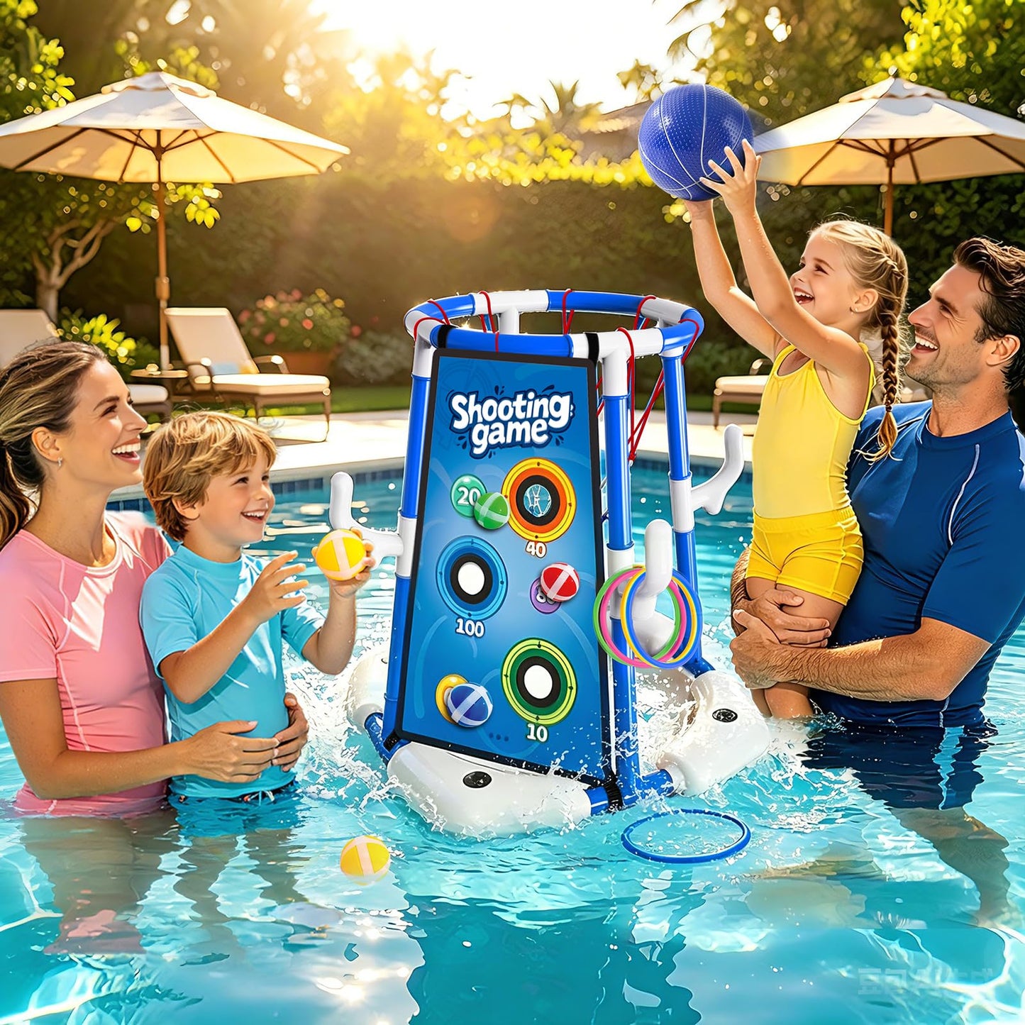 Sitodier Pool Basketball Hoop, 4-in-1 Floating Basketball Hoop with Rings Game Shooting Game and Sticky Balls for Family Party, Outdoor Swimming Pool Games Summer Water Sports Toy for Kids Age 3-12