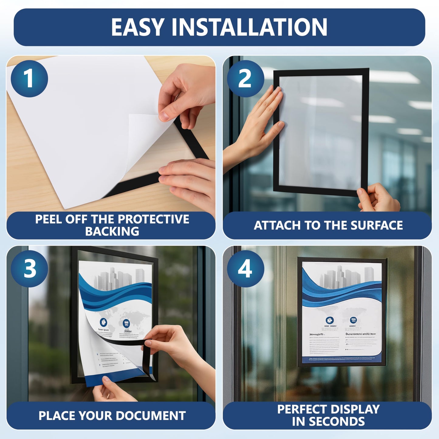 12 Pack Magnetic Sign Holder 11 x 17 with Adhesive Back - Magnetics Poster Frame & Magnetic Paper Holder - Reusable Adhesive Frames 11x17 - Magnet Frame for Wall Windows - Magnet Document Holders