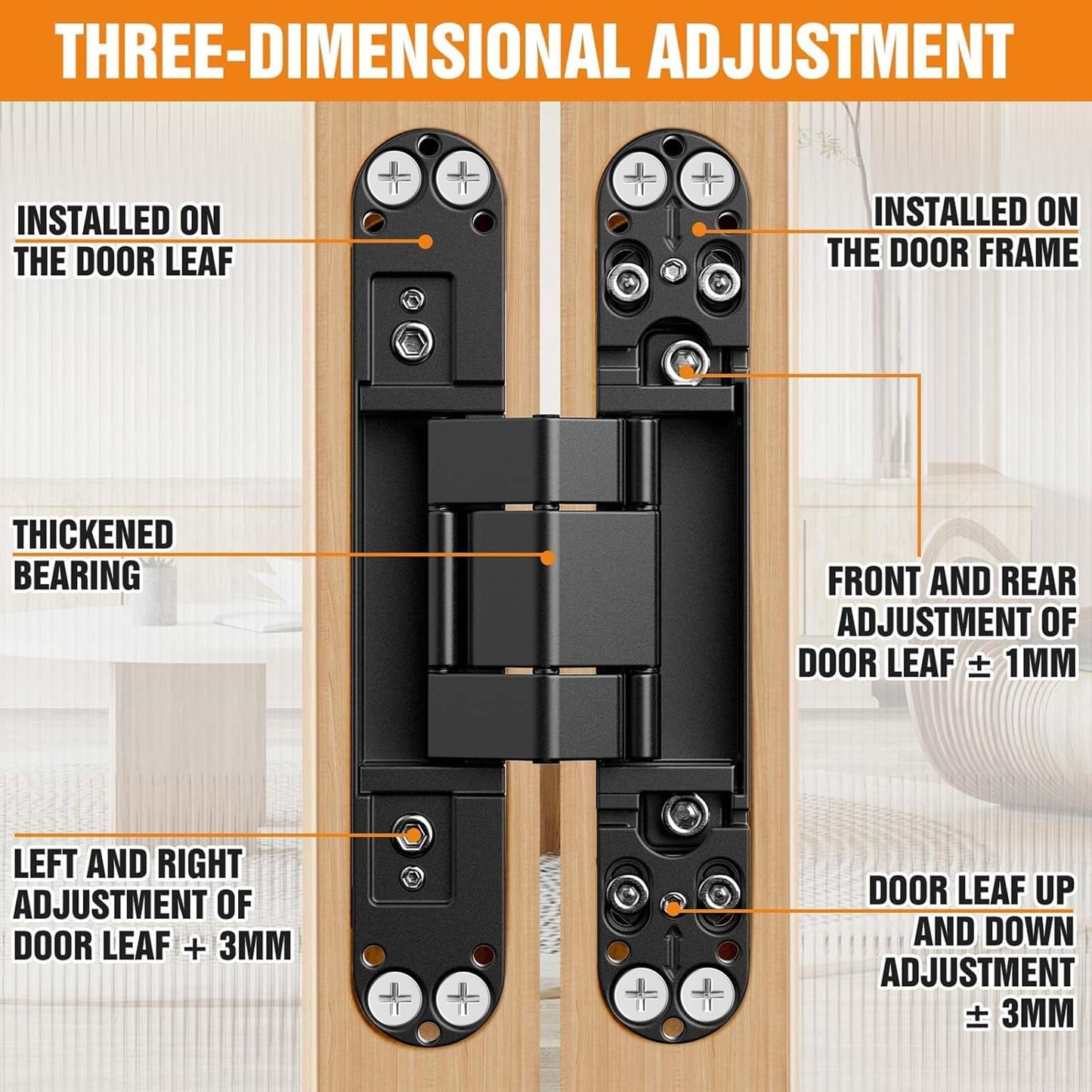 Lipshome 6" Hidden Door Hinge/Invisible Door Silent 180 Degree Swing Hinge 3-Way Adjustable Butt 6 x 2.5 x 1 Black (Pack of 2) (Black)