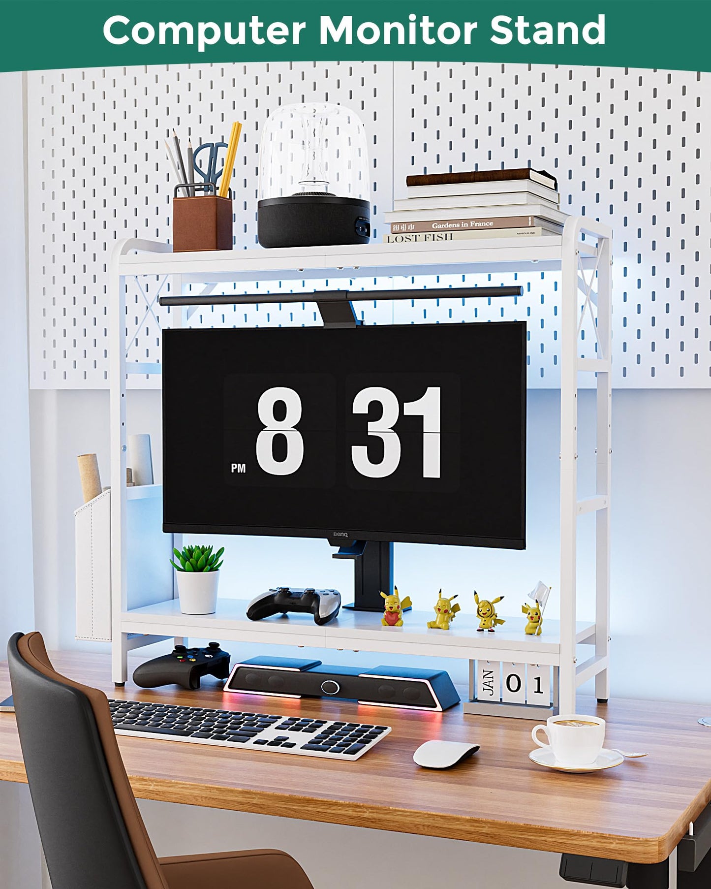 VERSASKY Desktop Shelves, Monitor Stand with Adjustable Shelves and Side Pockets, 2-Tier Desktop Bookshelf Organizer, Large Capacity Display Shelf Rack, Desk Hutch for Home Office, Study Room, White