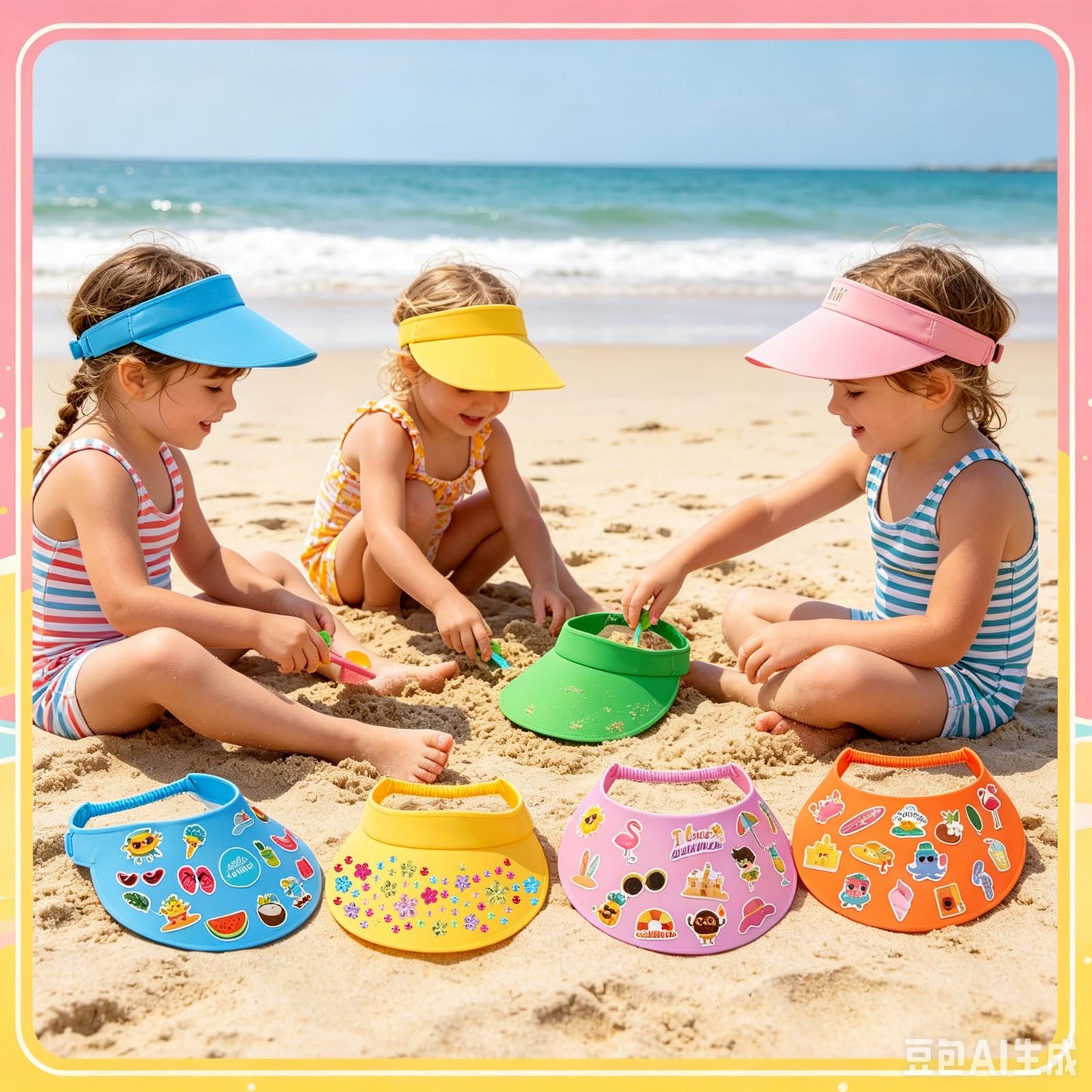 Chzhwlc 24 Sets Summer Felt Visor Hats Crafts Kits Bulk, DIY Beach Sun Visor Hat Activities with Stickers for Summer Party Crafts Hawaiian Party Supplies