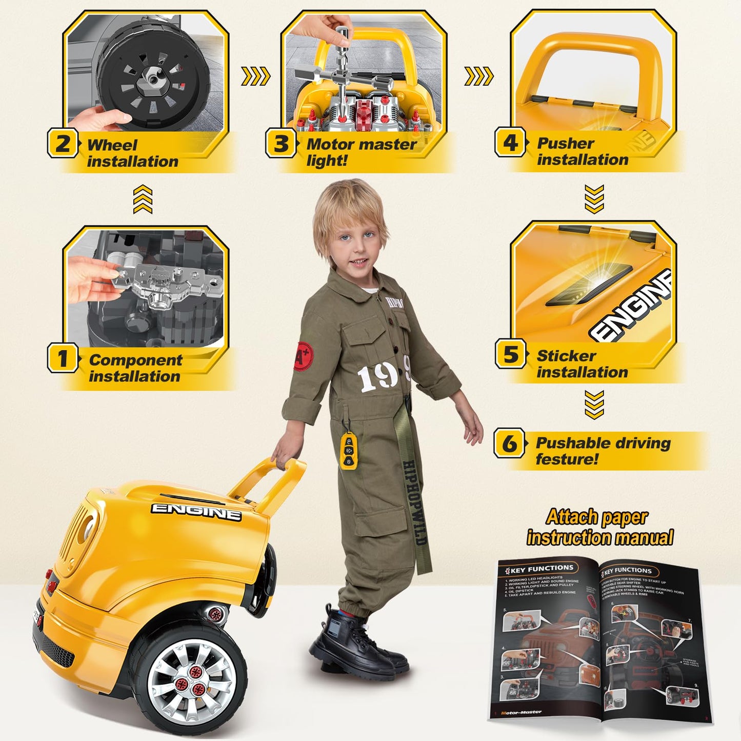 Jumlys Toys for 3, 4, 5, 6, 7, 8 Years Old Boys, Large Truck Engine Toys for Kids 3-5, 5-8 Years Old, Mechanic Repair Set for Boys, Big Truck Builder Kit, Ideal Christmas, Birthday Gifts